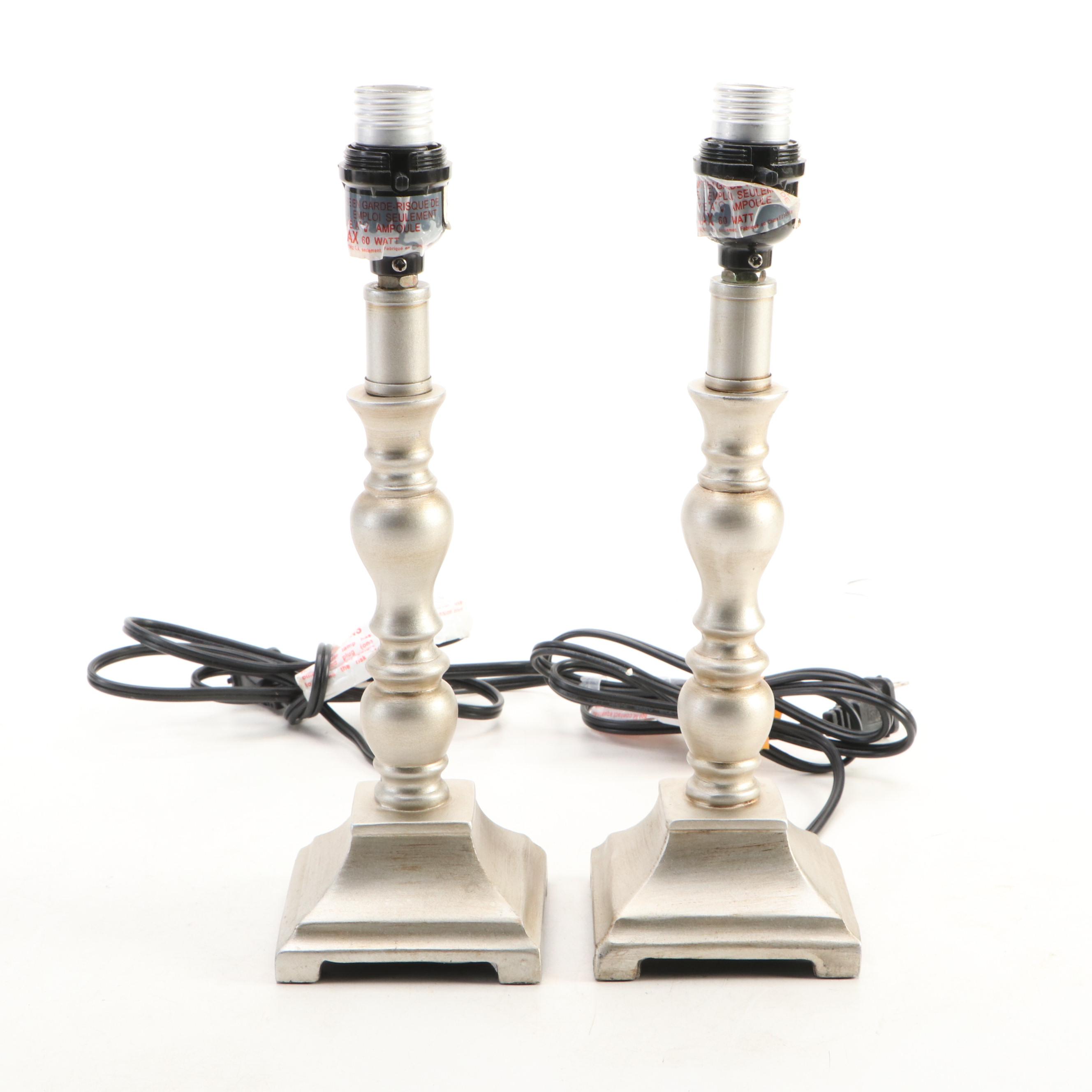 Silver Gilt Candlestick Table Lamps with Crewel Work Shades, 2012