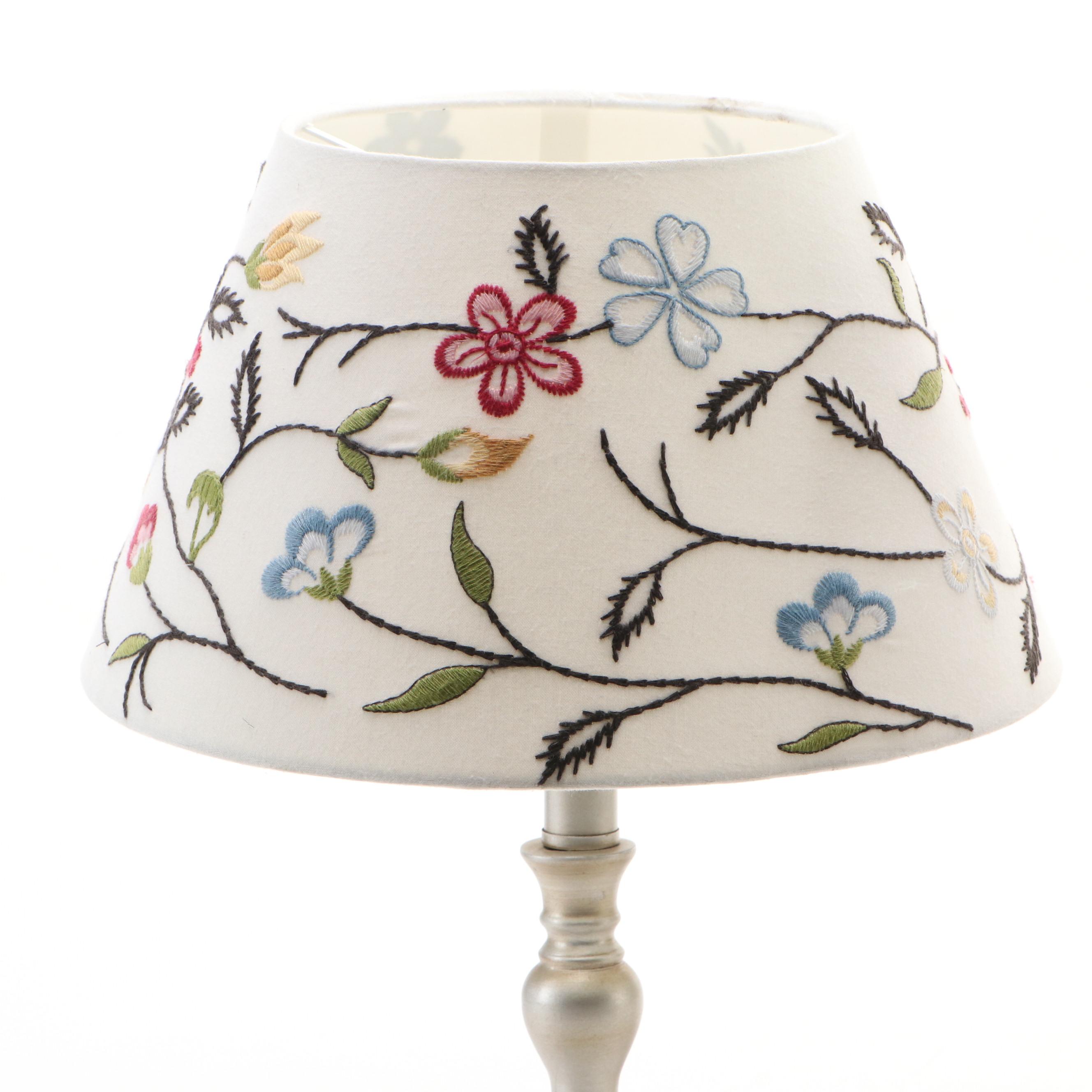 Silver Gilt Candlestick Table Lamps with Crewel Work Shades, 2012