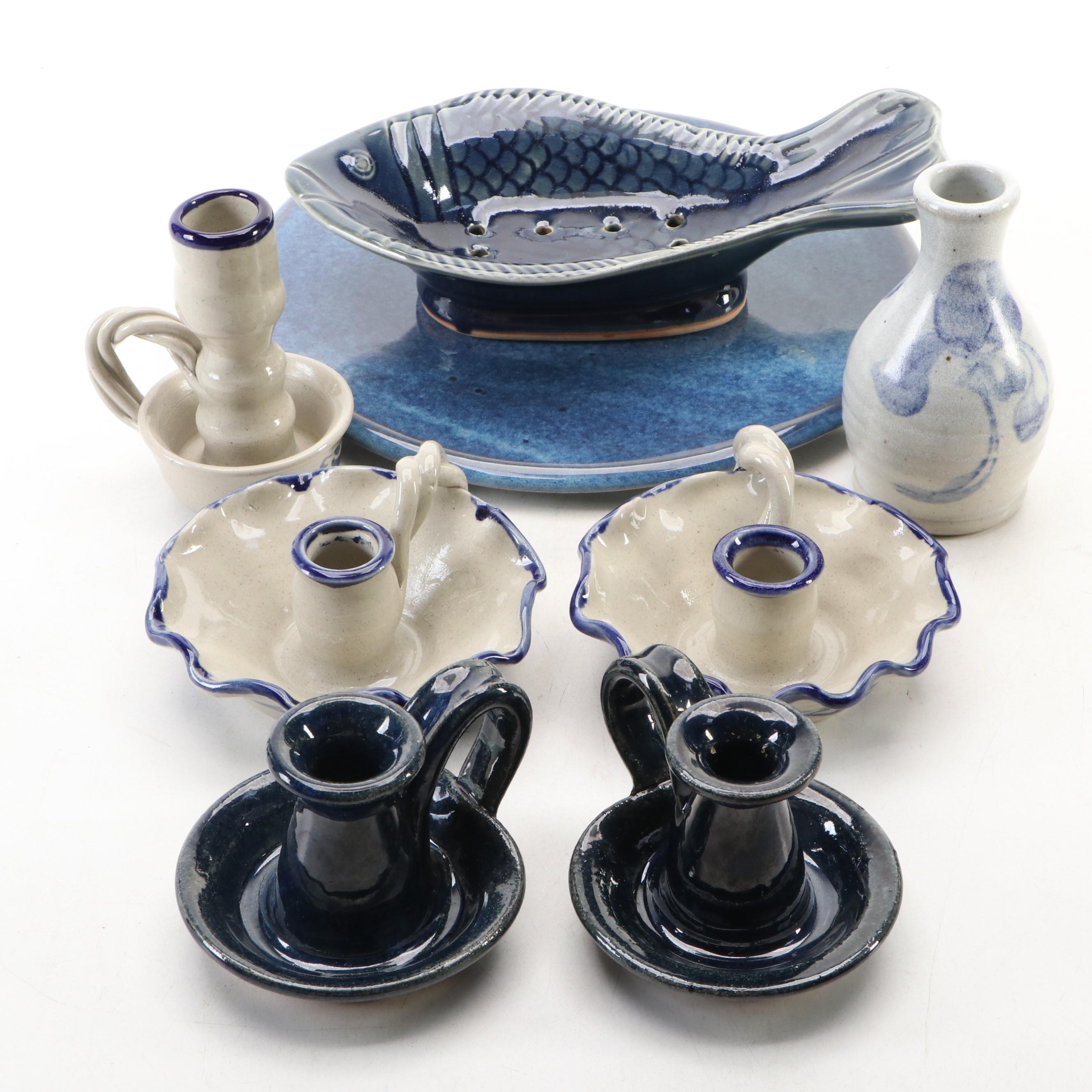 Art Pottery Chambersticks with Other Tableware