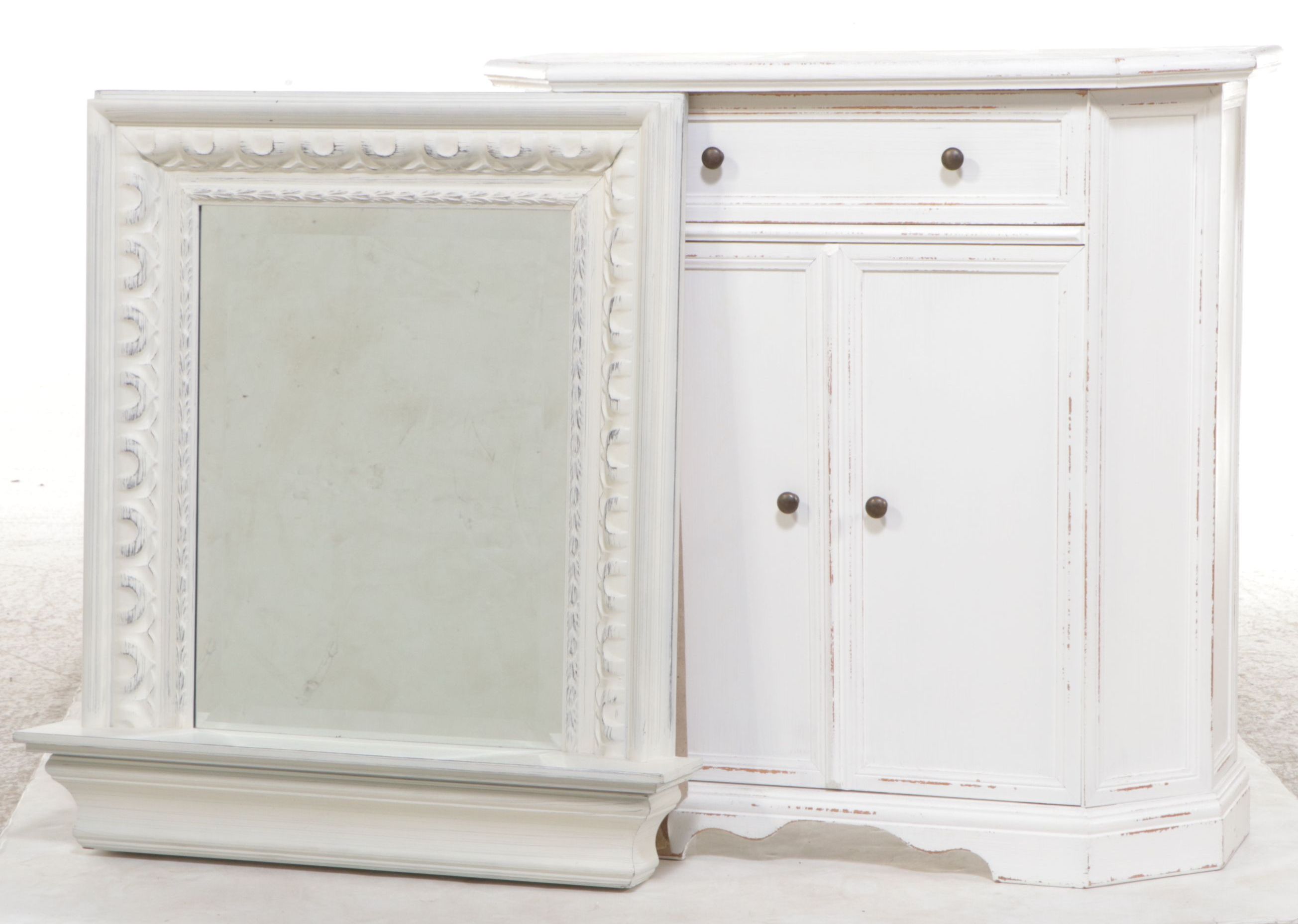 Italian Distressed White-Painted Accent Cabinet and Madison Mirror