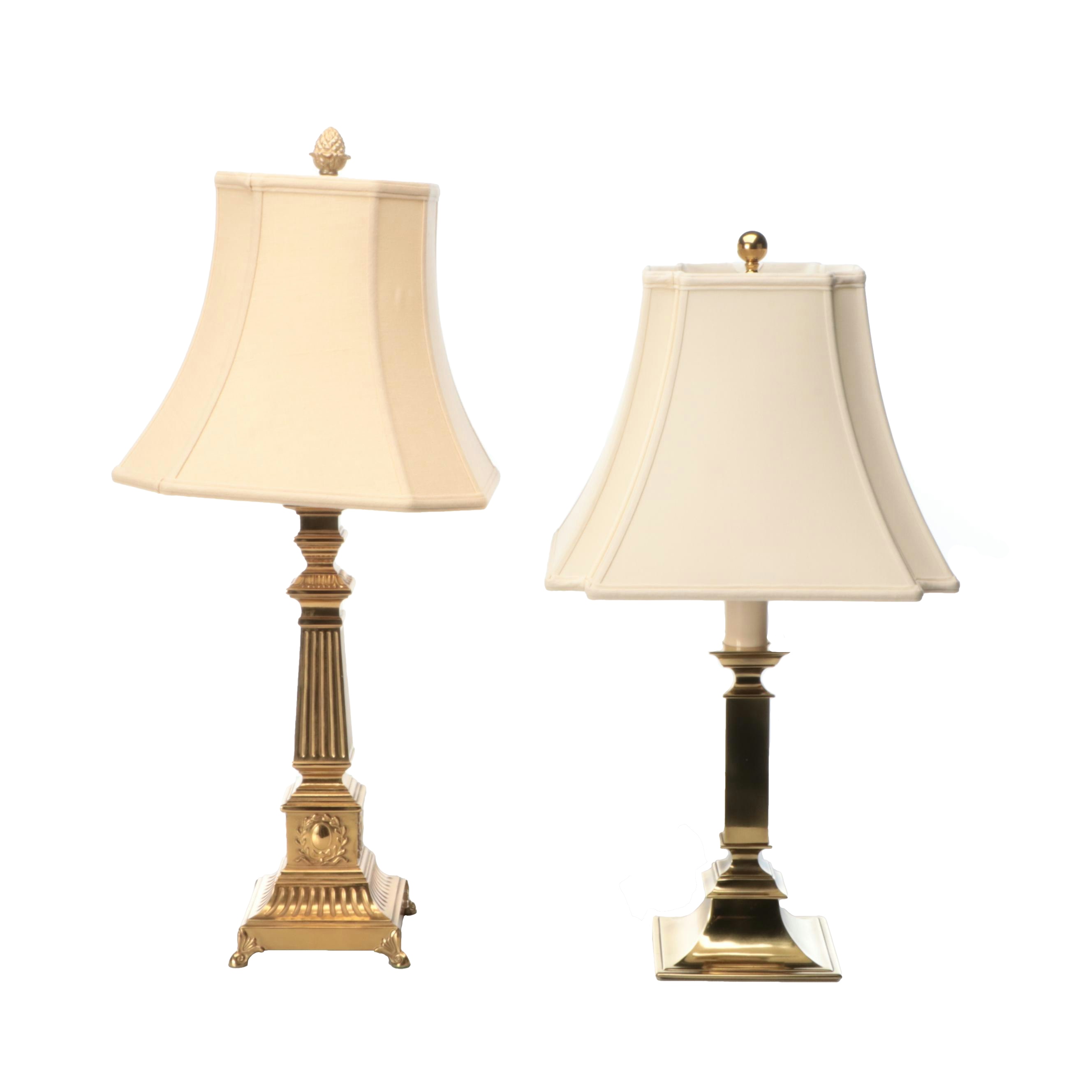 Neoclassical Style Smooth and Reeded Brass Pillar Table Lamps with Silk Shades