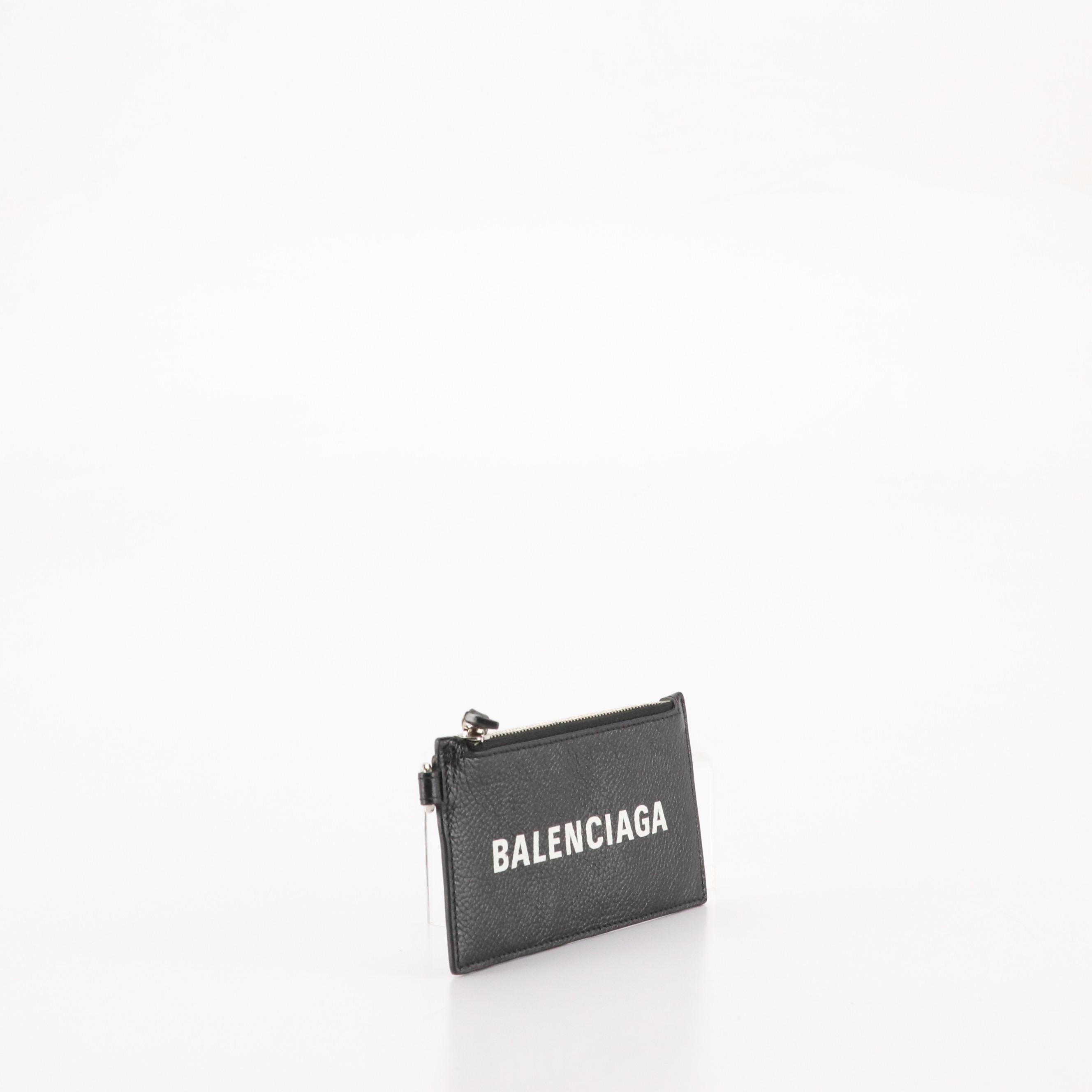 Balenciaga Logo Card/Coin Case in Black Grained Leather
