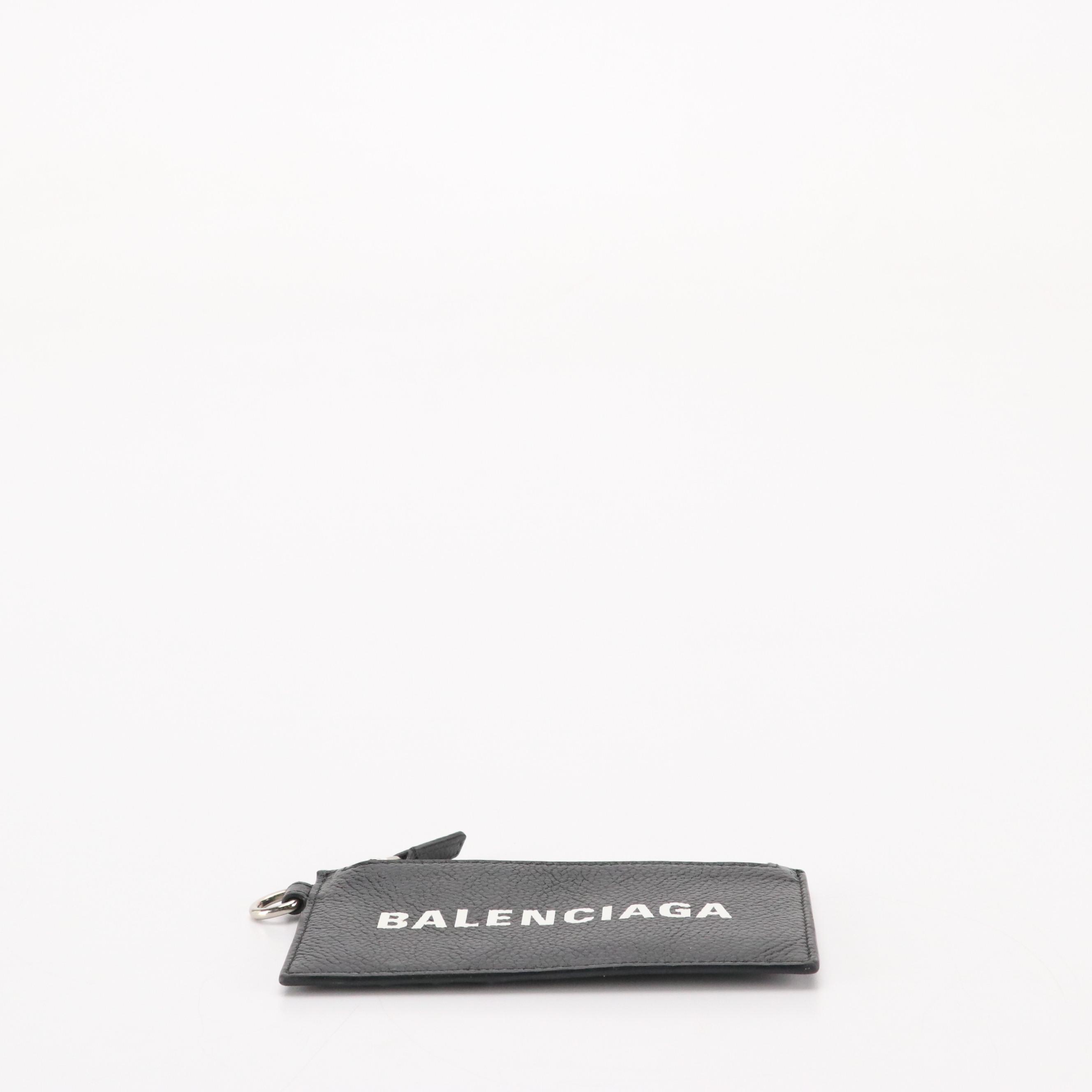 Balenciaga Logo Card/Coin Case in Black Grained Leather