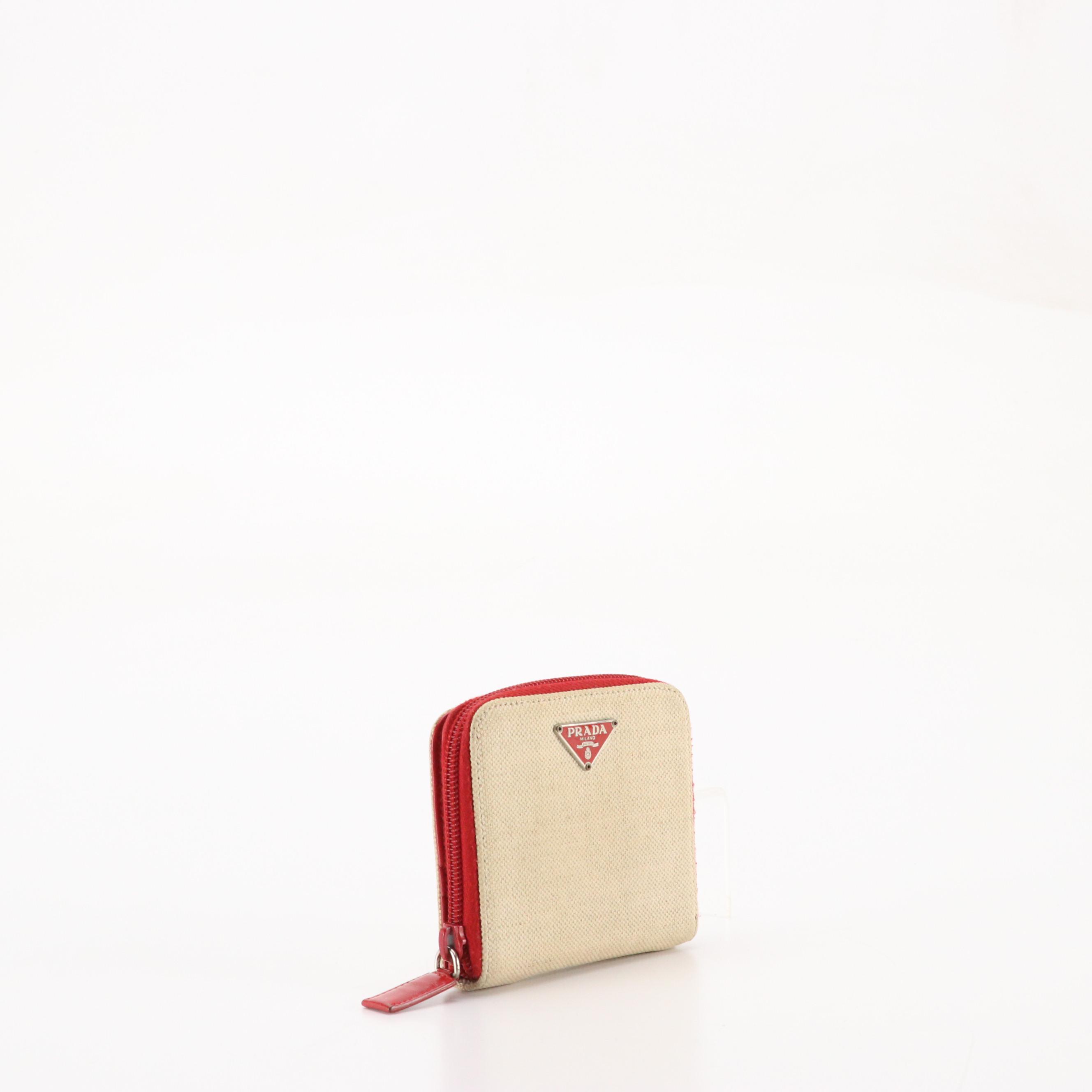 Prada Bifold Compact Wallet in Beige Canvas and Red Leather