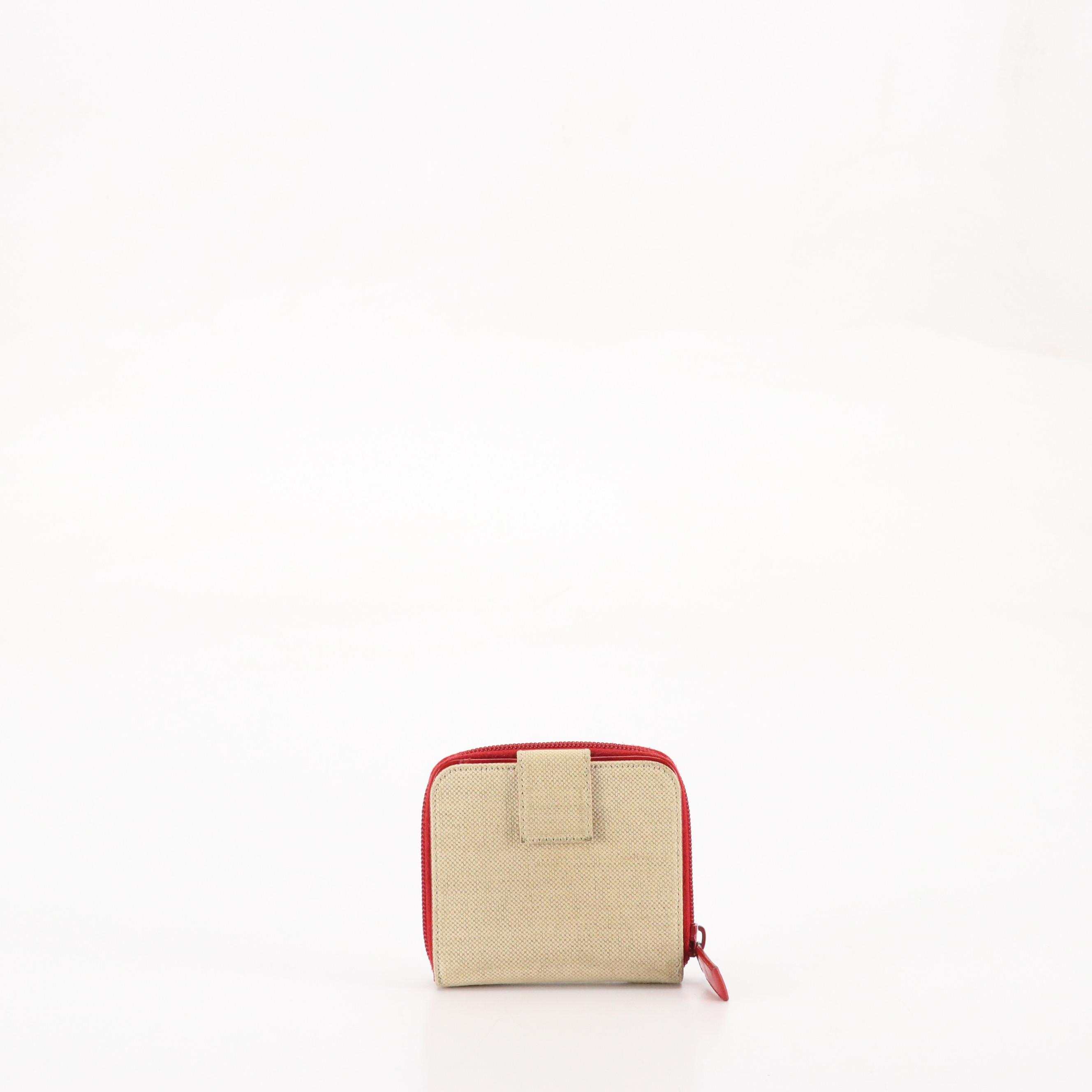 Prada Bifold Compact Wallet in Beige Canvas and Red Leather