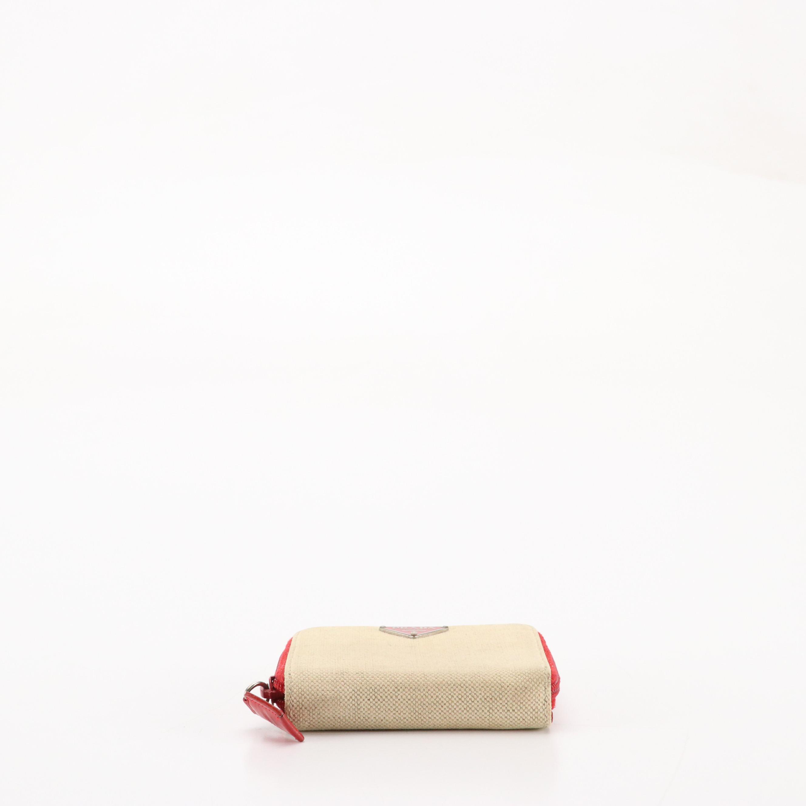 Prada Bifold Compact Wallet in Beige Canvas and Red Leather