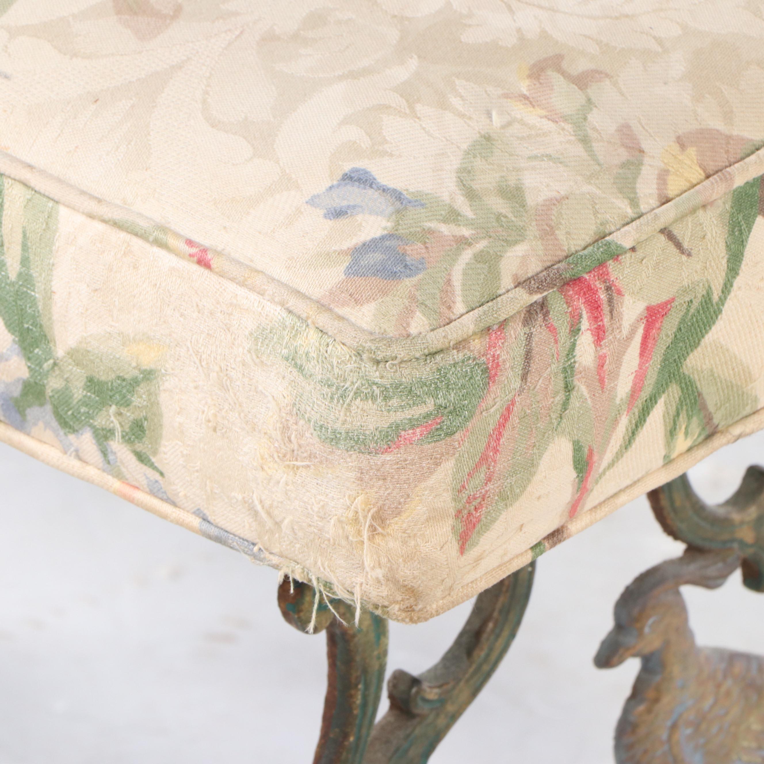 Art Nouveau Fabric Upholstered Cast Iron Bench, Early 20th Century