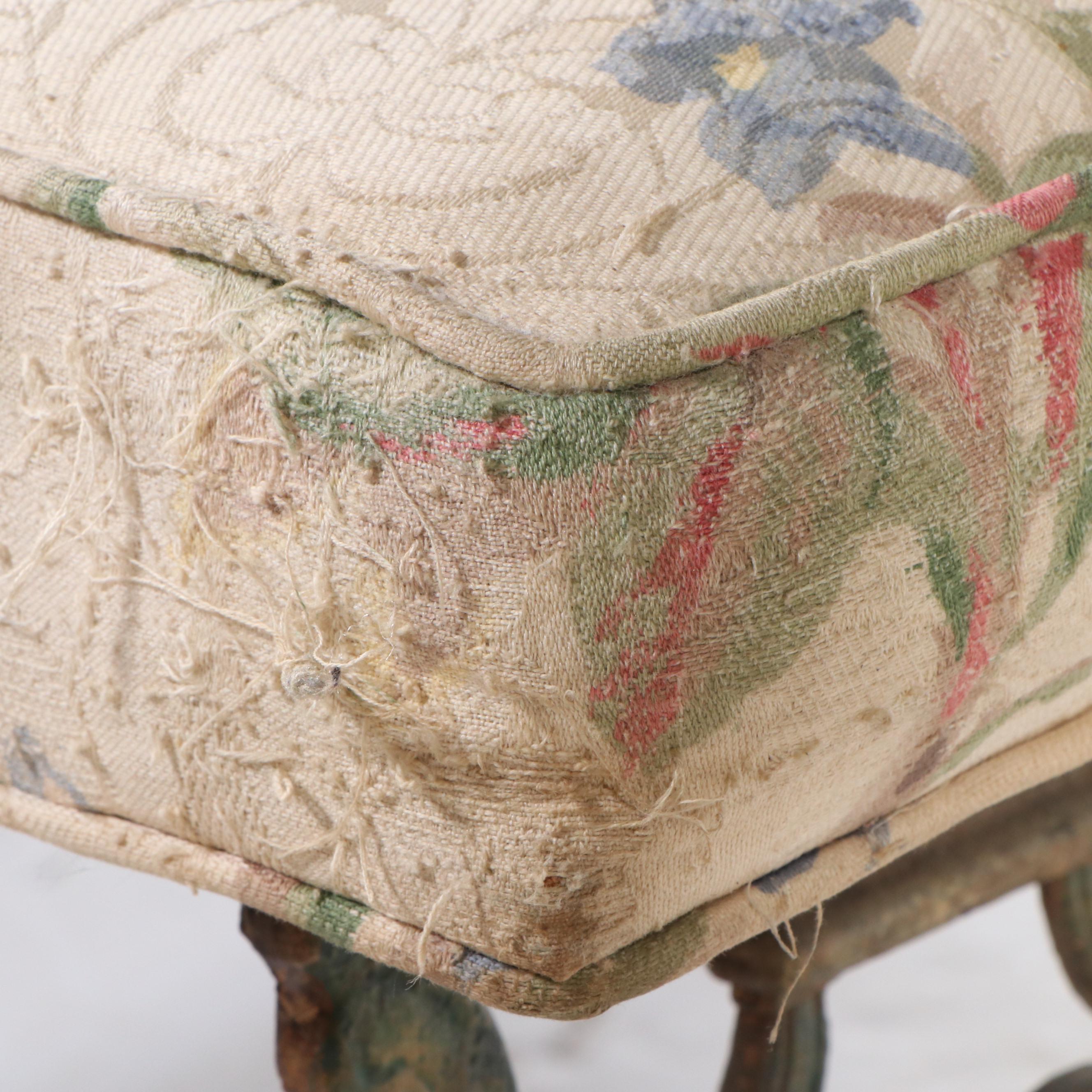 Art Nouveau Fabric Upholstered Cast Iron Bench, Early 20th Century
