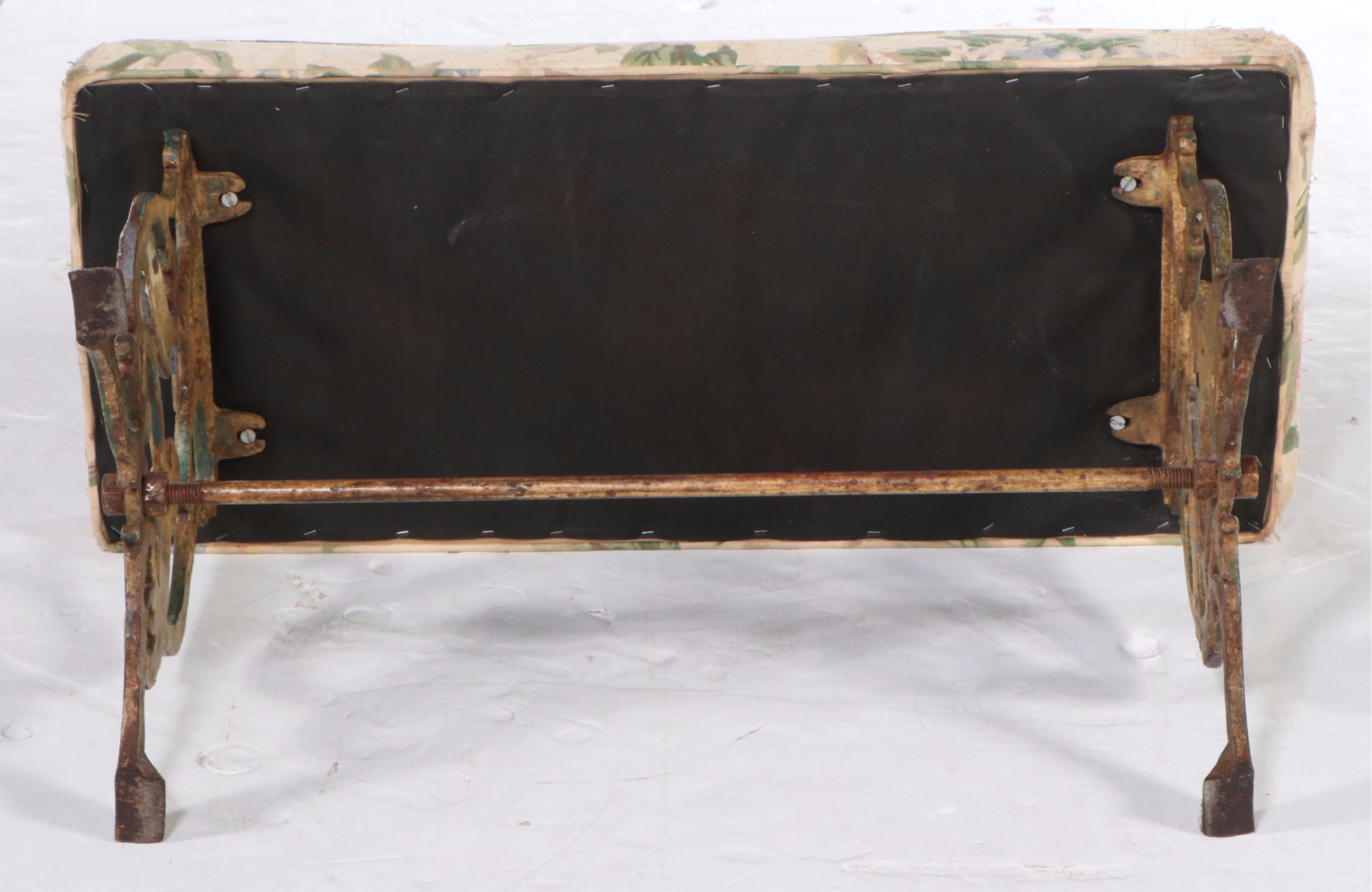 Art Nouveau Fabric Upholstered Cast Iron Bench, Early 20th Century