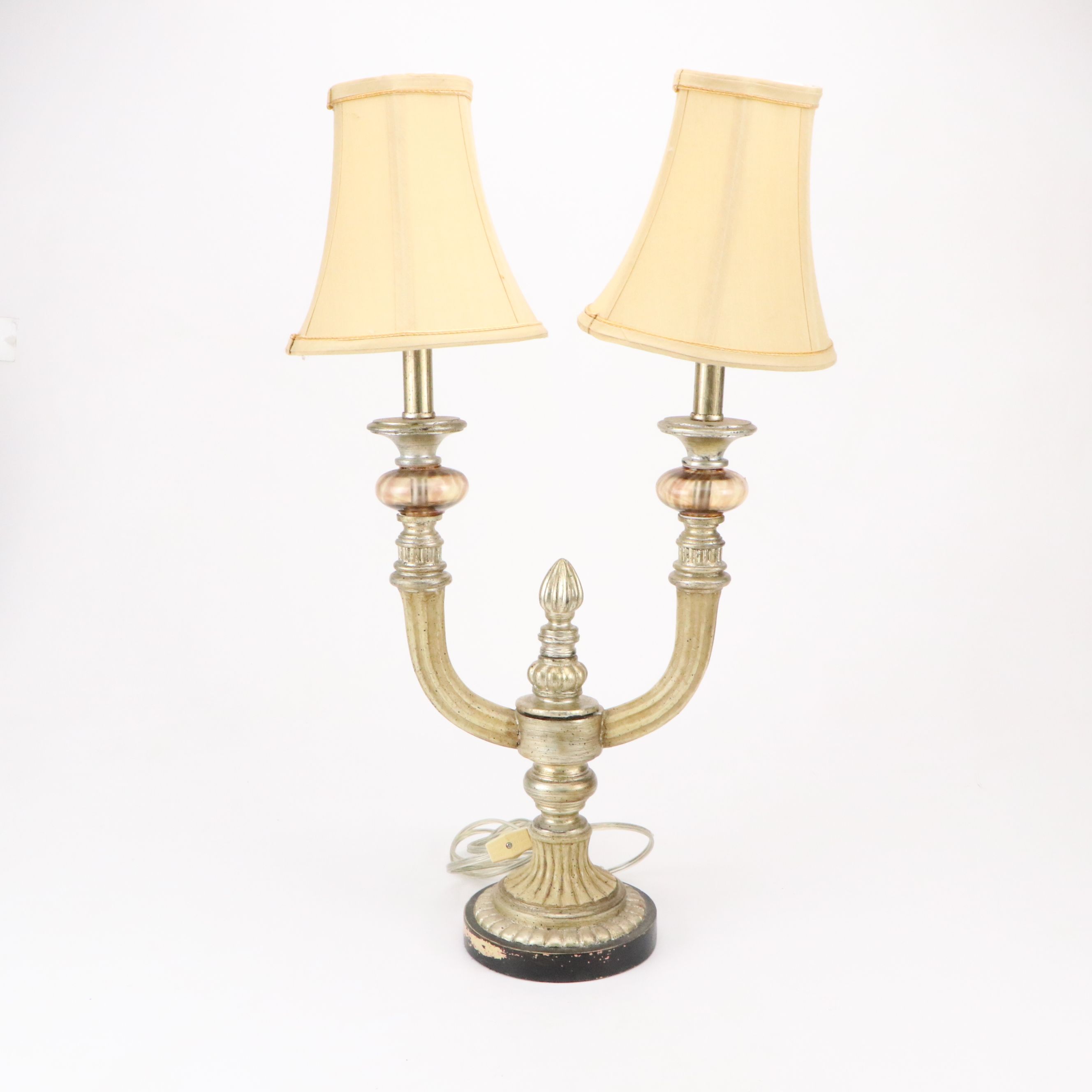 Pair of Silver Gilt Double-Arm Candelabra Lamps with Silk Shades
