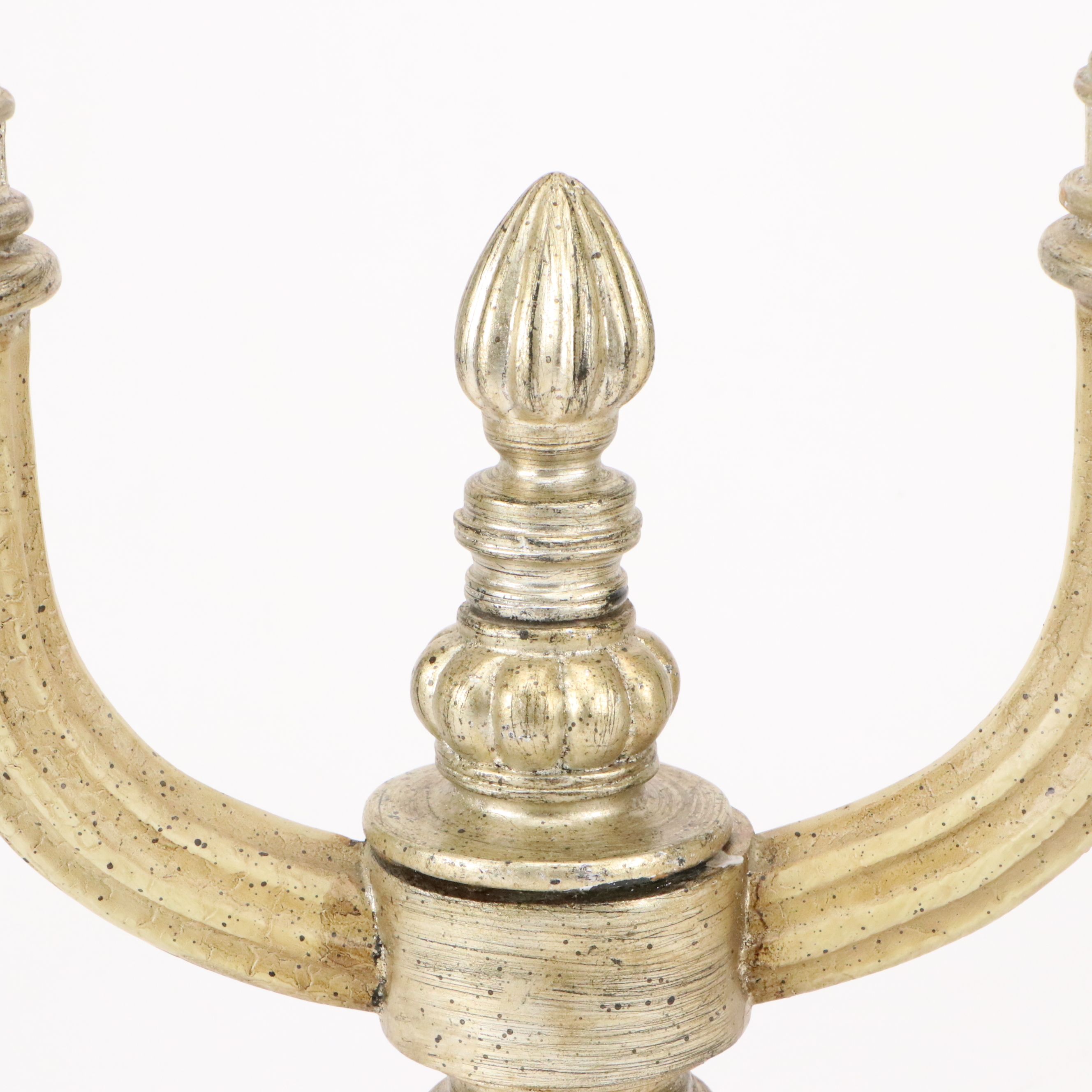 Pair of Silver Gilt Double-Arm Candelabra Lamps with Silk Shades