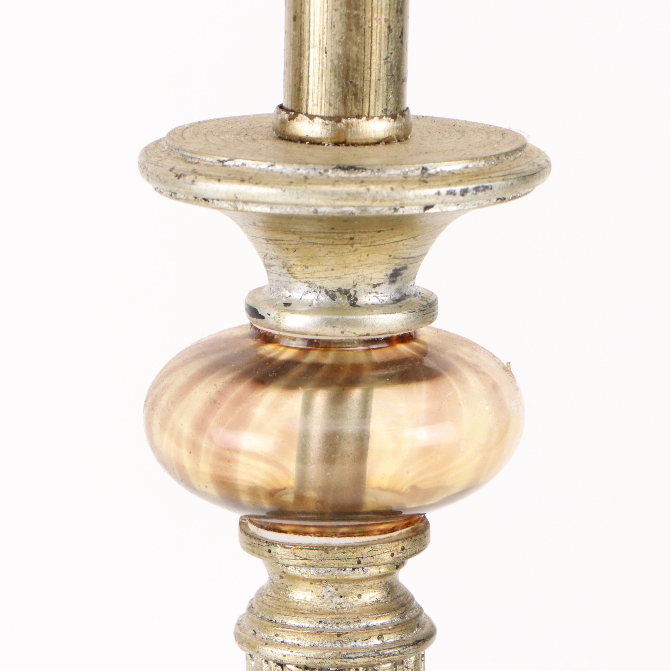 Pair of Silver Gilt Double-Arm Candelabra Lamps with Silk Shades