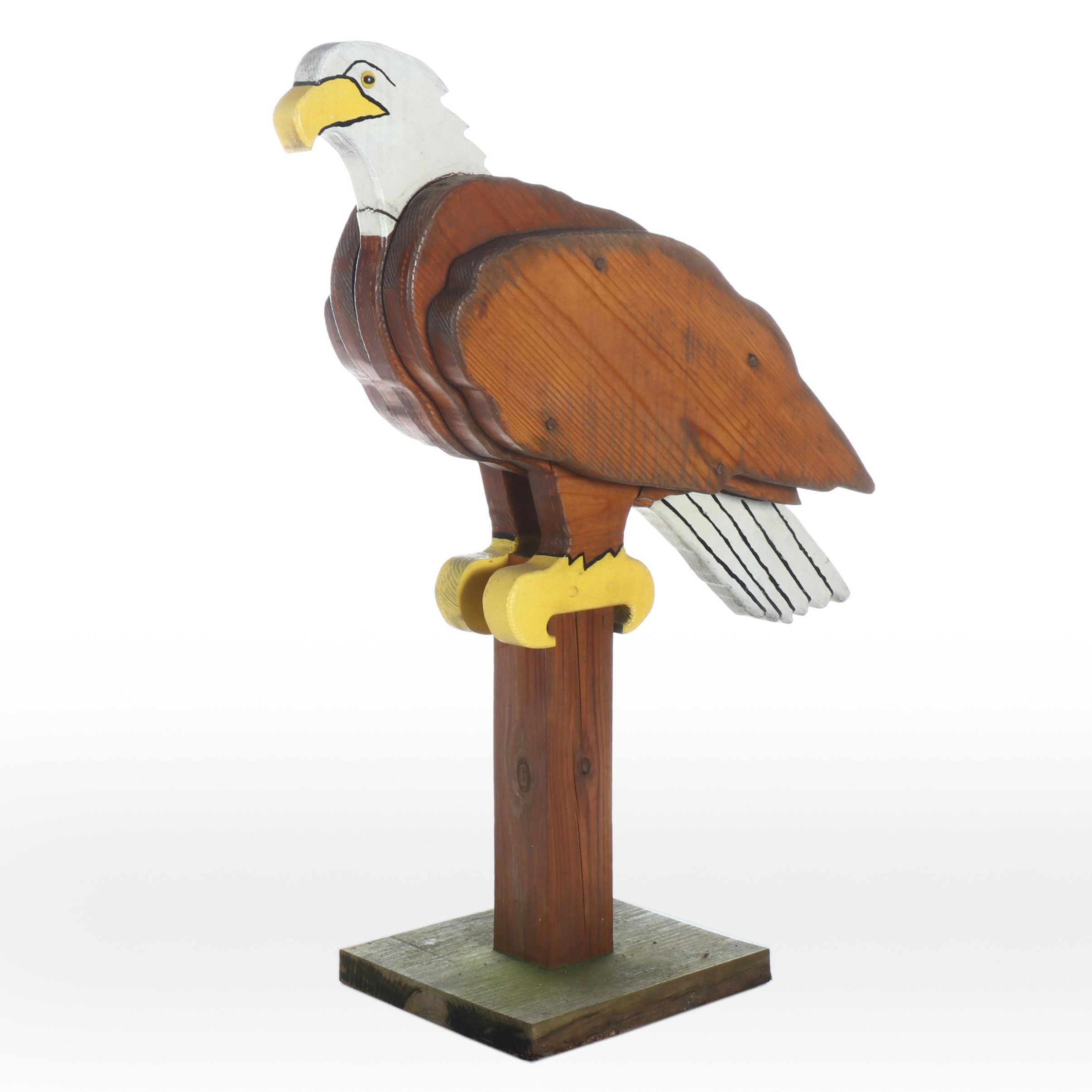 Handcrafted Wooden Bald Eagle Garden Statue