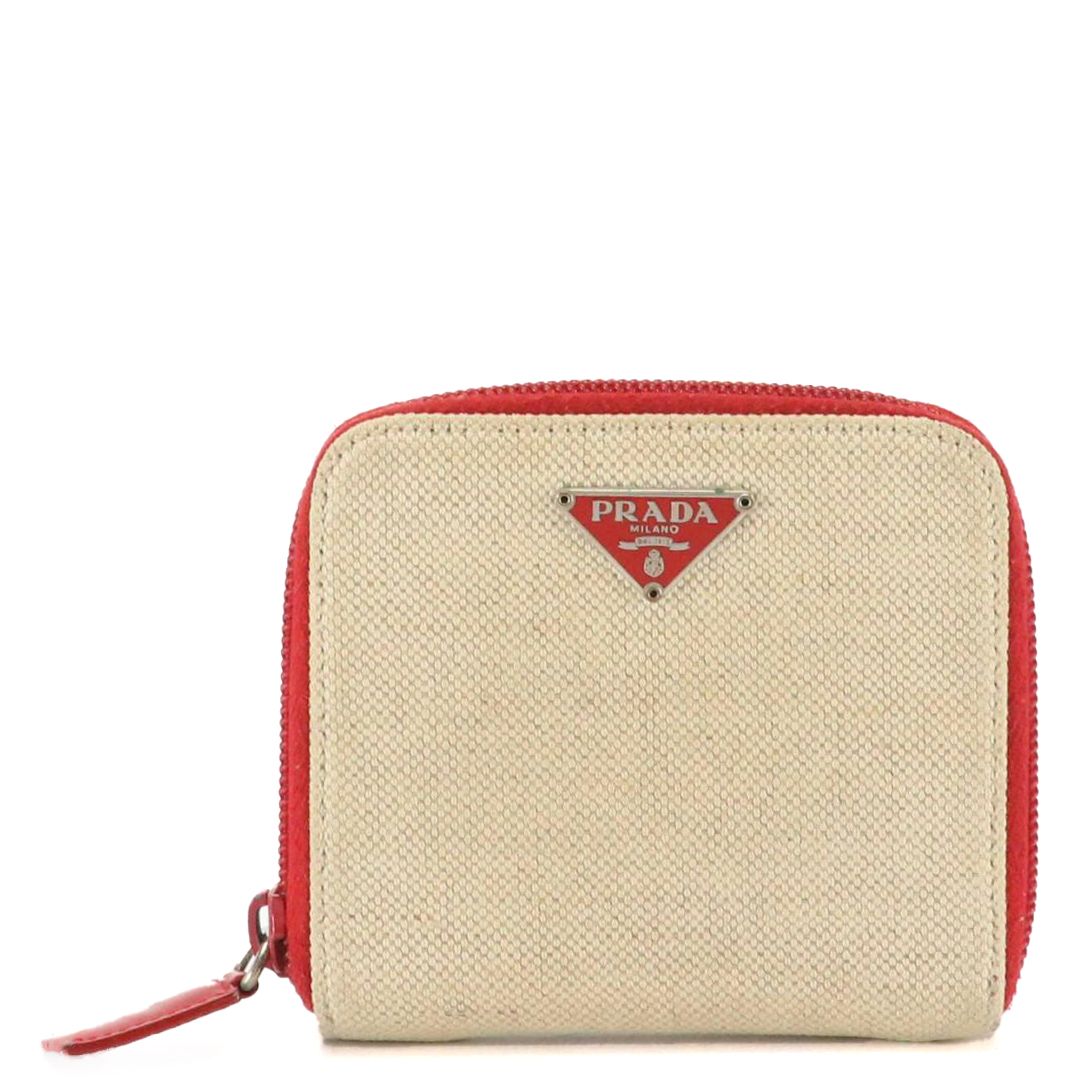 Prada Bifold Compact Wallet in Beige Canvas and Red Leather