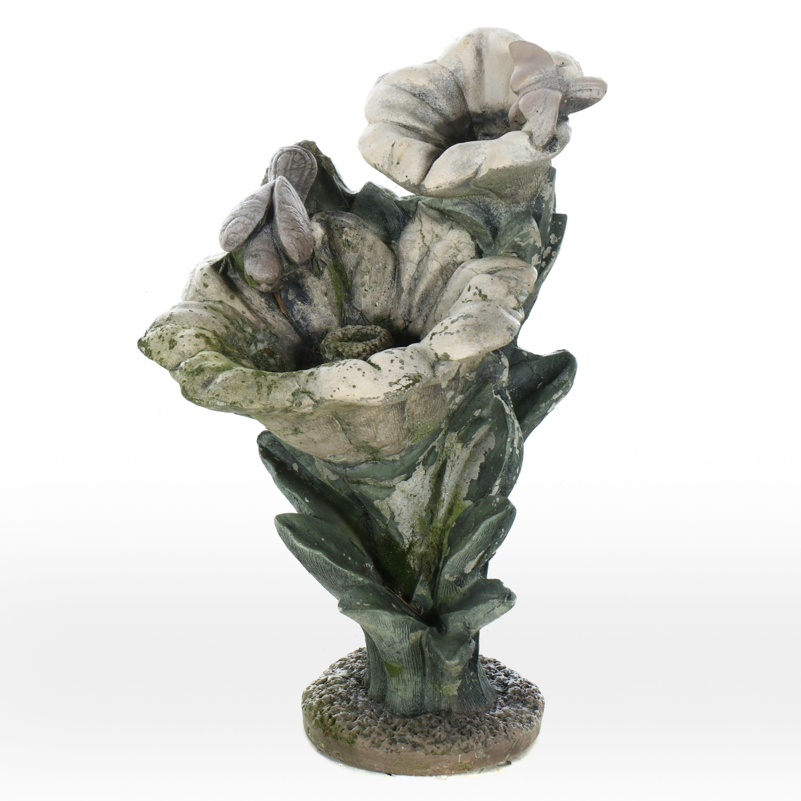 Paint-Decorated Cast Concrete Flower Fountain