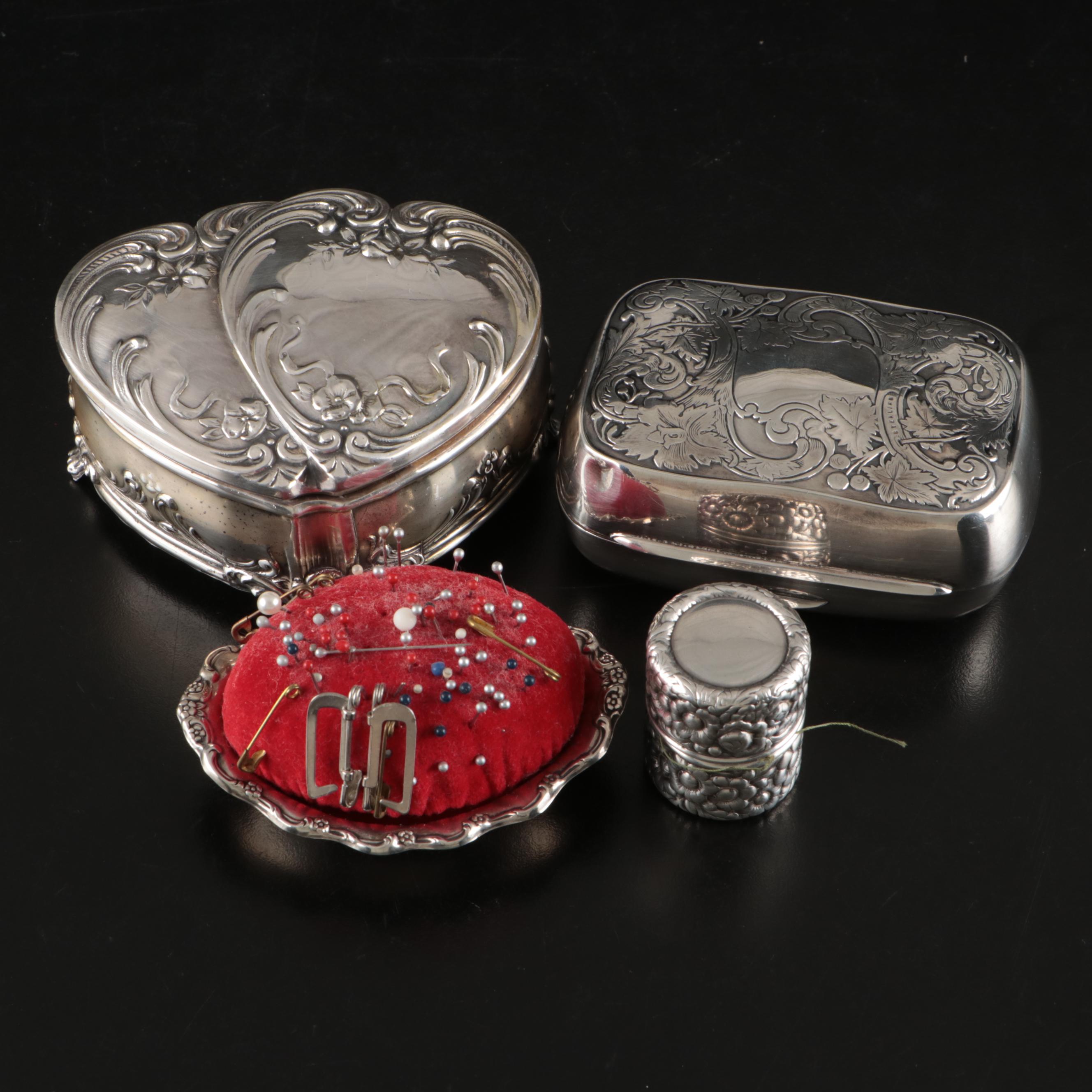 Reed & Barton "Tara" Sterling Pin Cushion with Spool Holder and Vanity Boxes