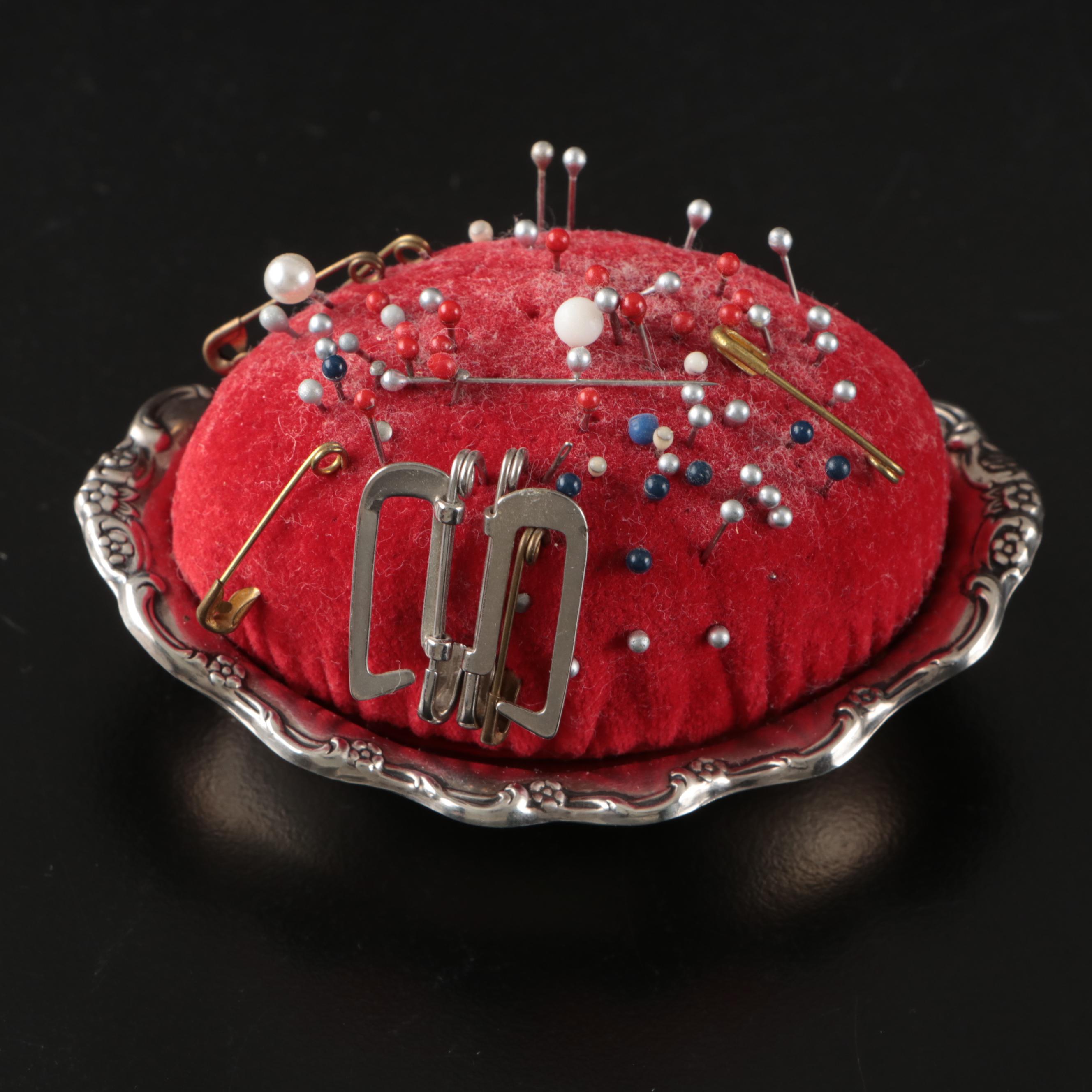 Reed & Barton "Tara" Sterling Pin Cushion with Spool Holder and Vanity Boxes