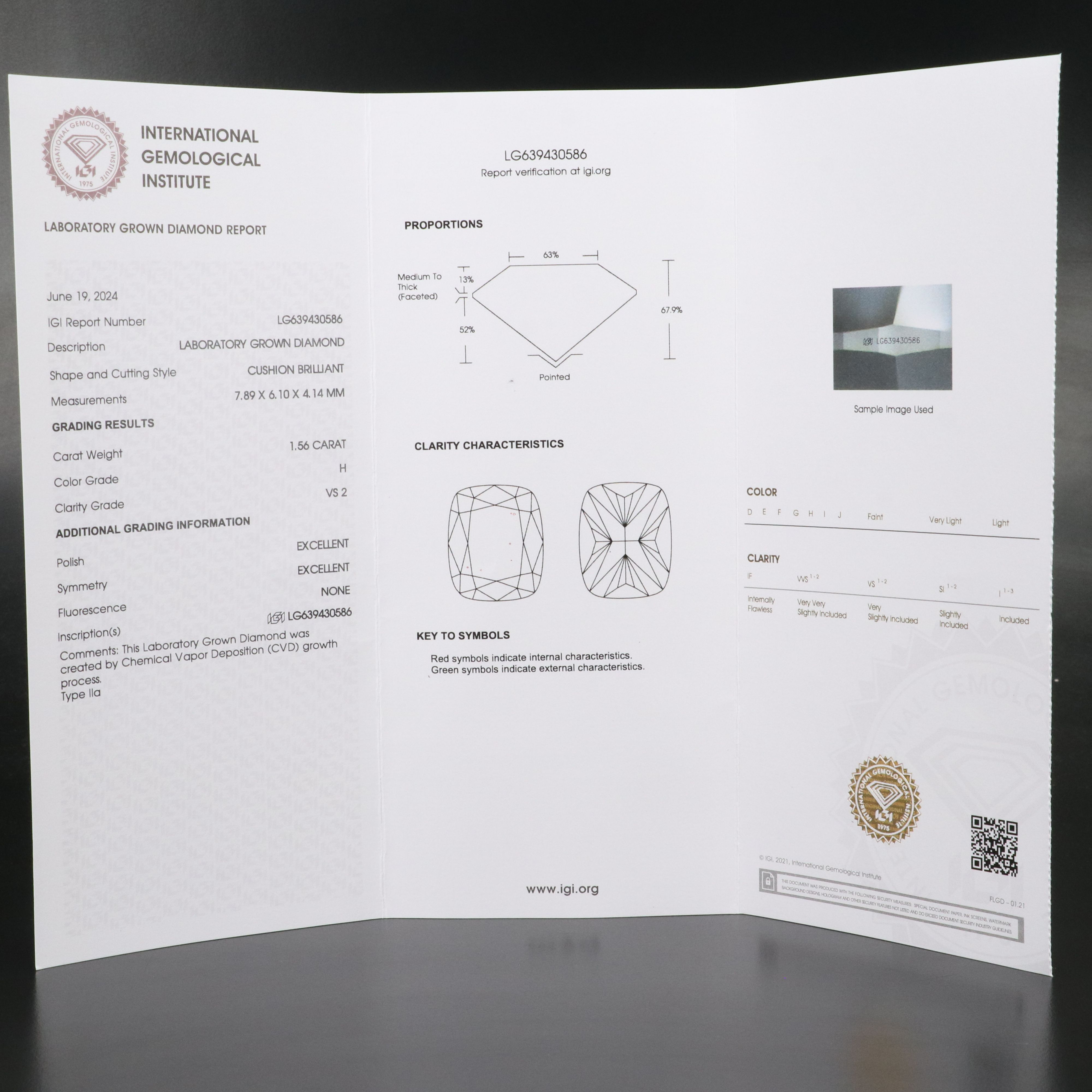 Loose 1.56 CT Lab Grown Diamond with IGI Report