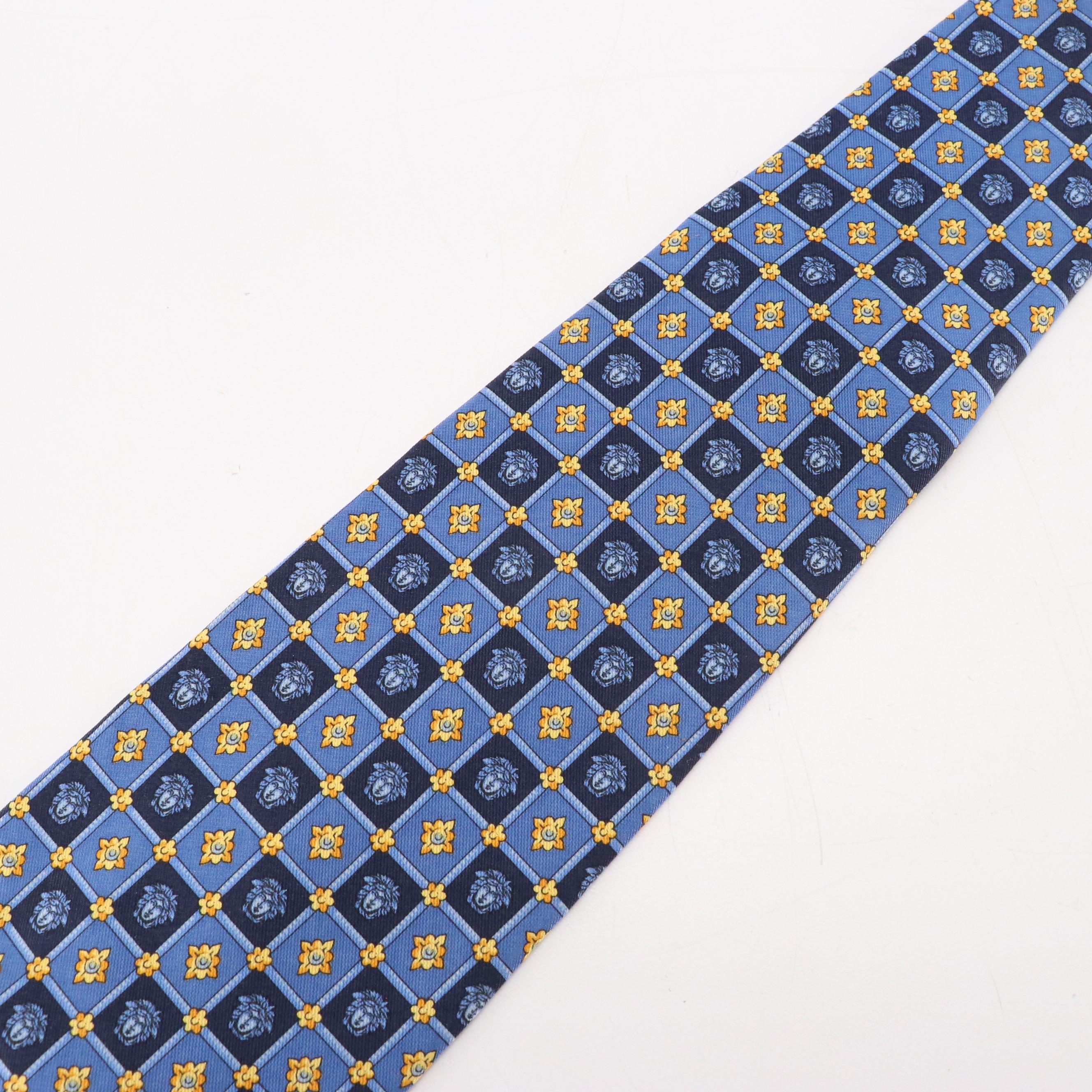 Gianni Versace Medusa/Flower Grid Pattern Necktie in Silk Twill