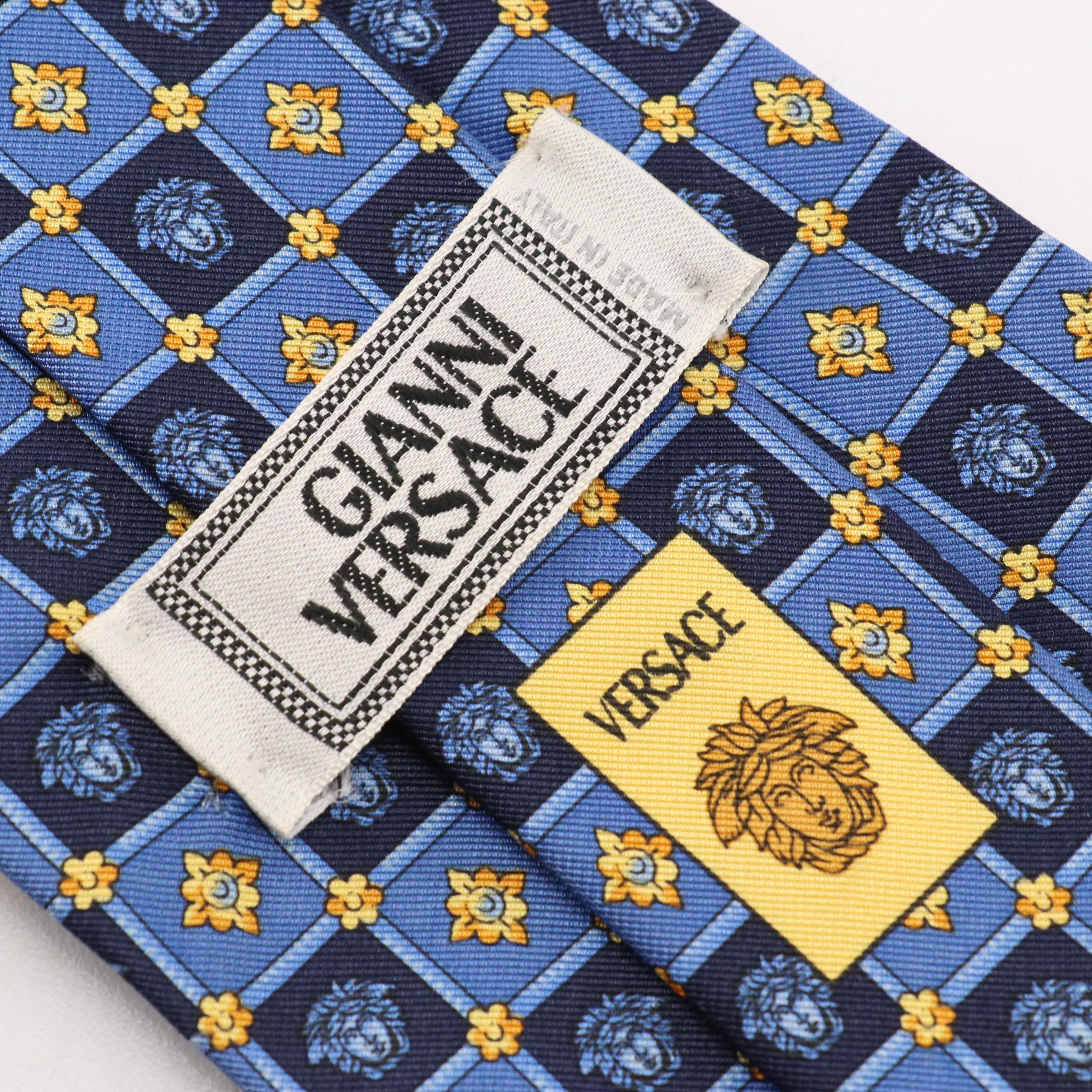 Gianni Versace Medusa/Flower Grid Pattern Necktie in Silk Twill