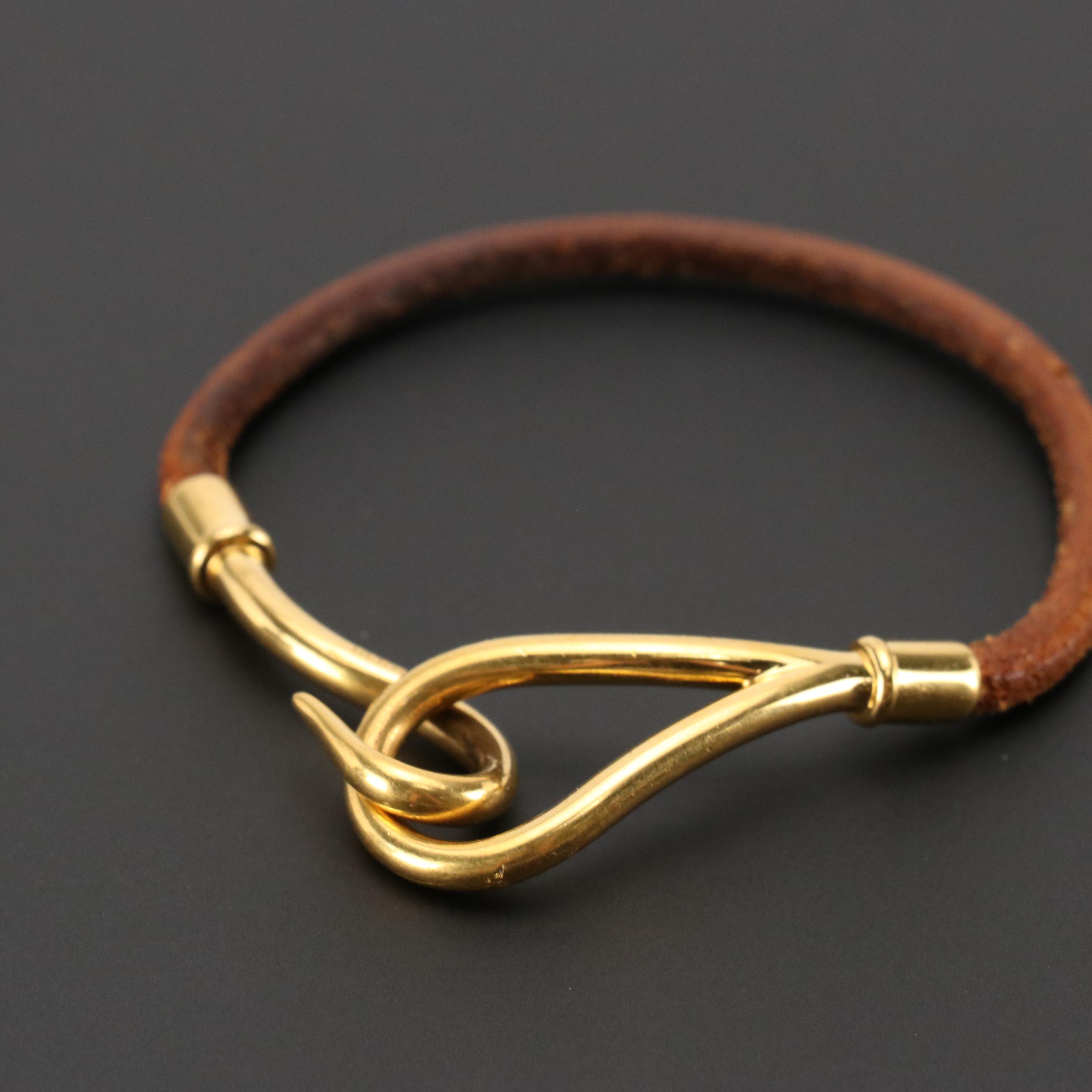Hermès Gold Plated Jumbo Hook Bracelet in Brown Leather
