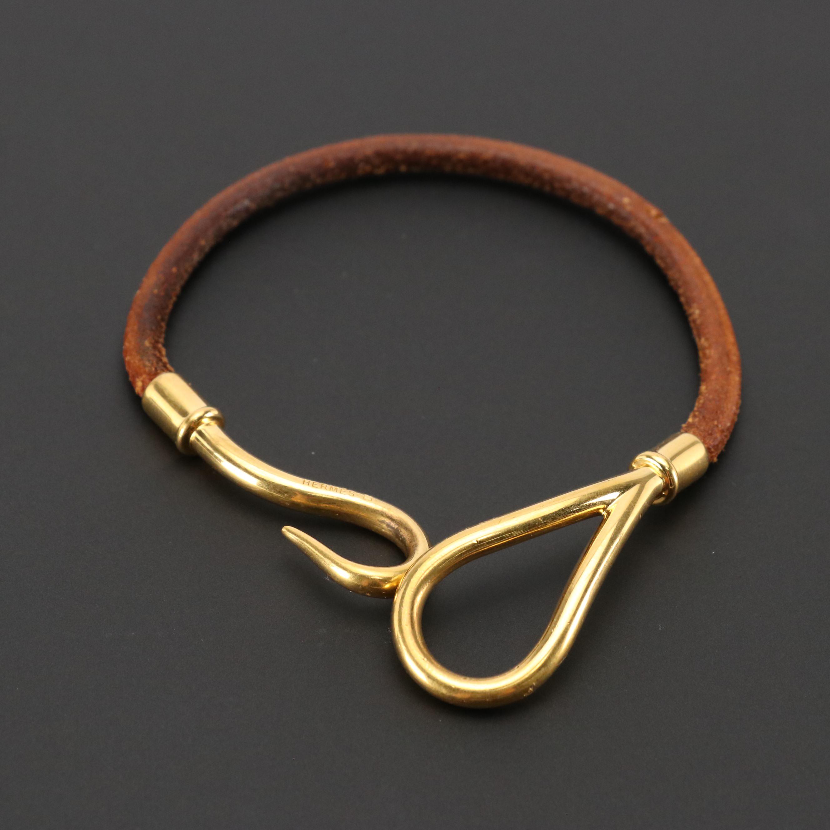 Hermès Gold Plated Jumbo Hook Bracelet in Brown Leather