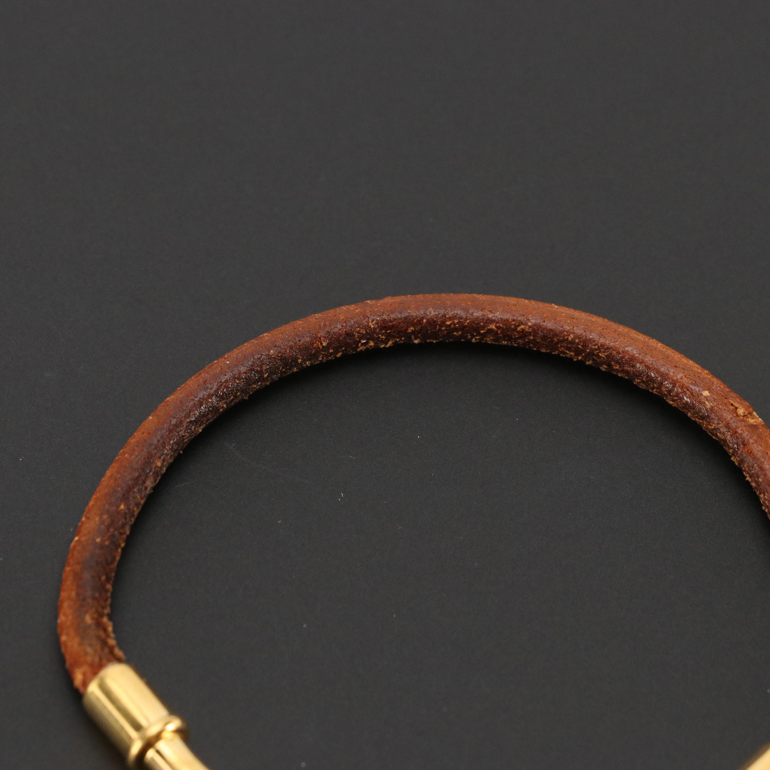 Hermès Gold Plated Jumbo Hook Bracelet in Brown Leather