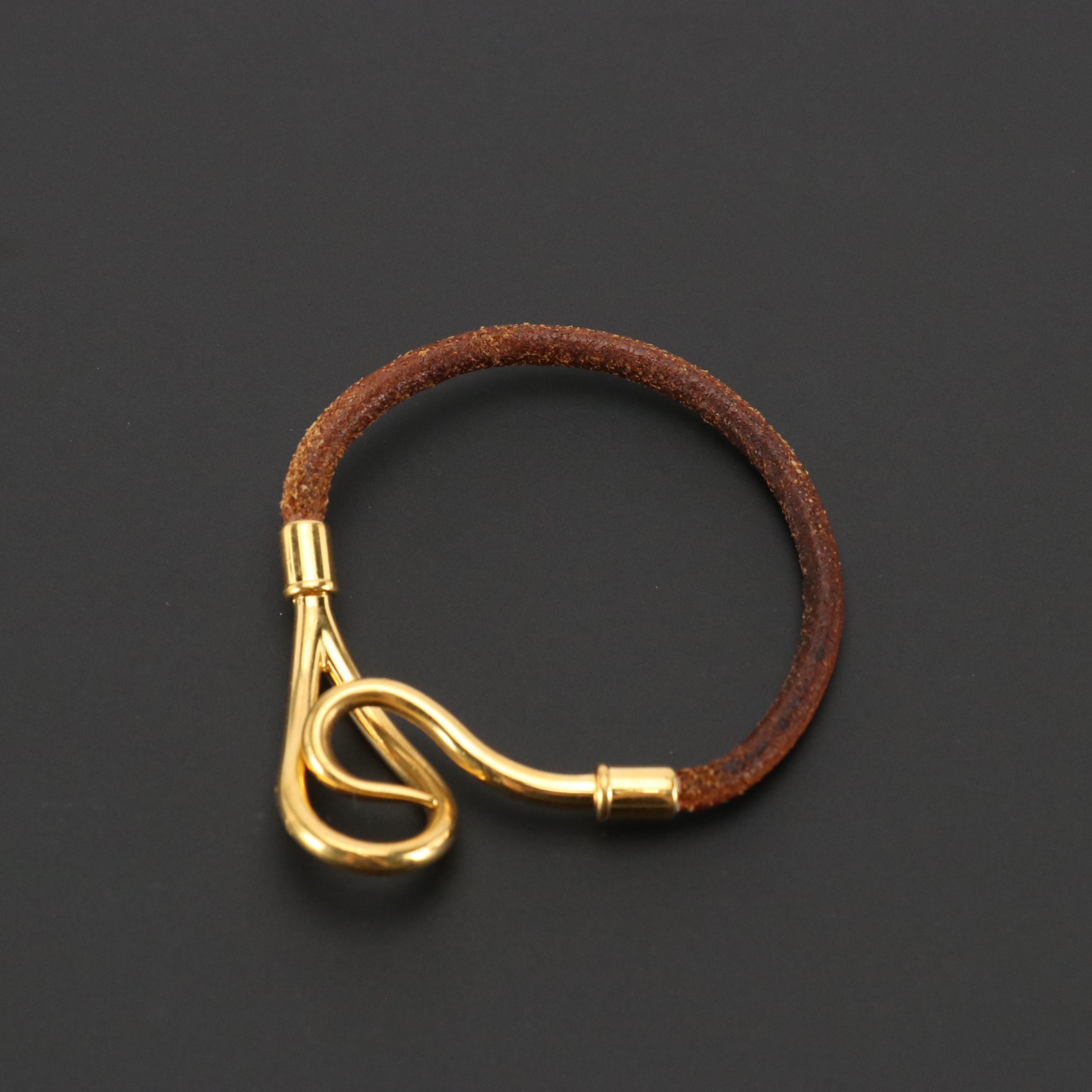 Hermès Gold Plated Jumbo Hook Bracelet in Brown Leather