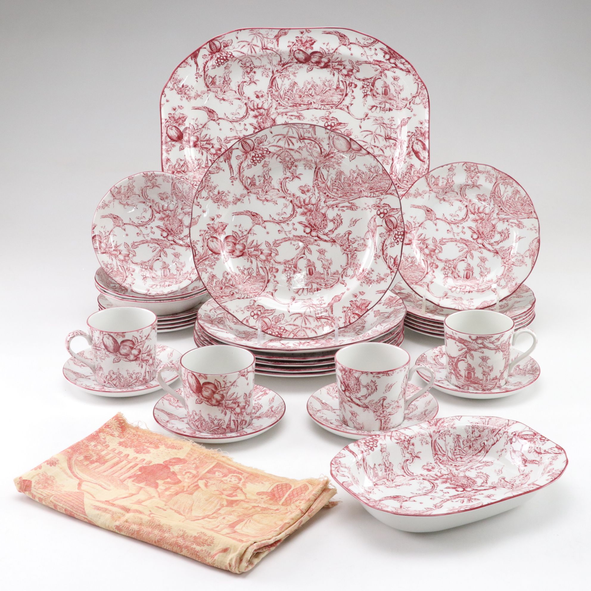 Spode Williamsburg "Provincial Garden" Cranberry Dinnerware and Patterned Fabric