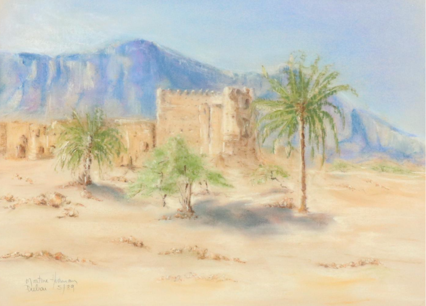 Landscape Pastel Drawing of Oasis and Mountain Backdrop "Dubai," 1989