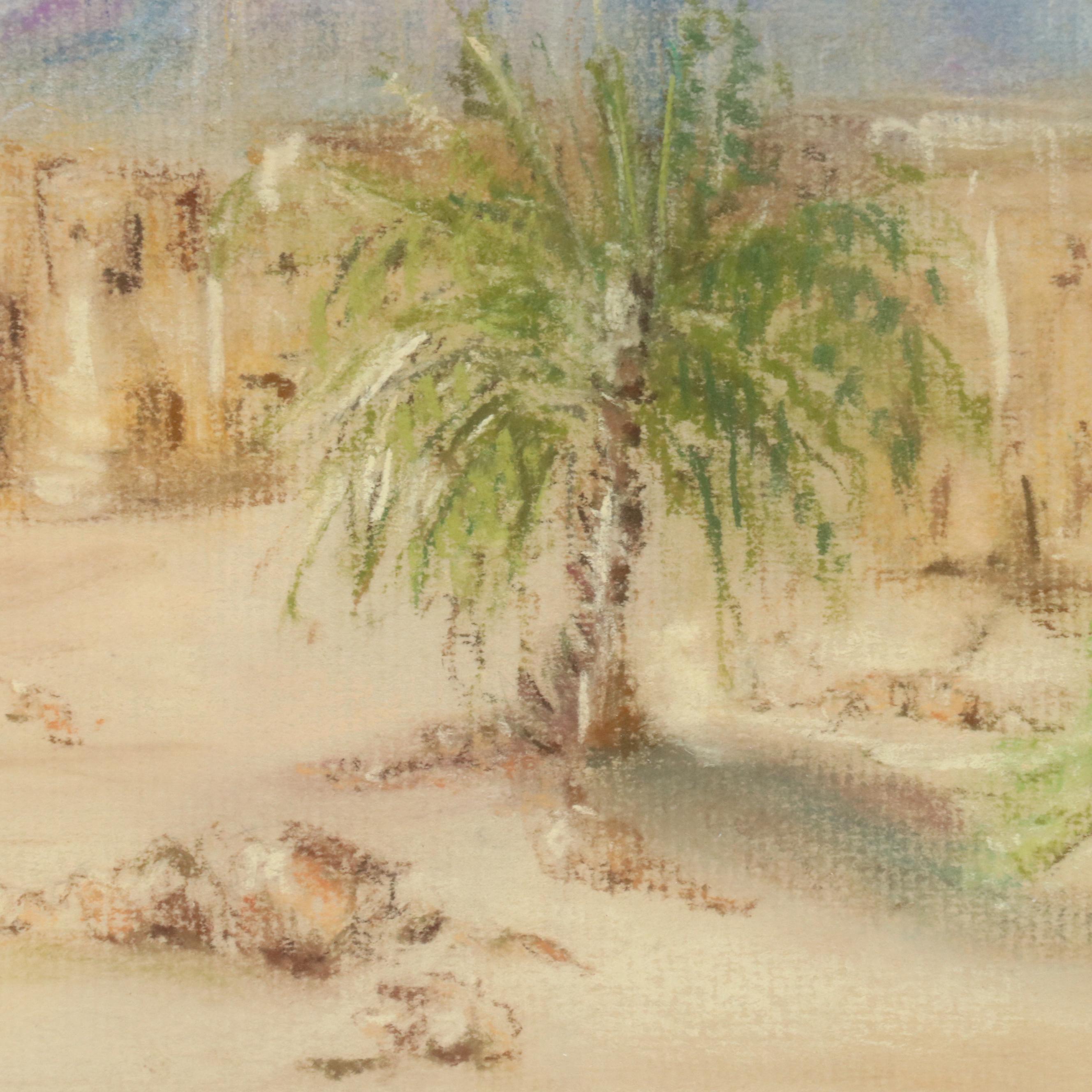 Landscape Pastel Drawing of Oasis and Mountain Backdrop "Dubai," 1989