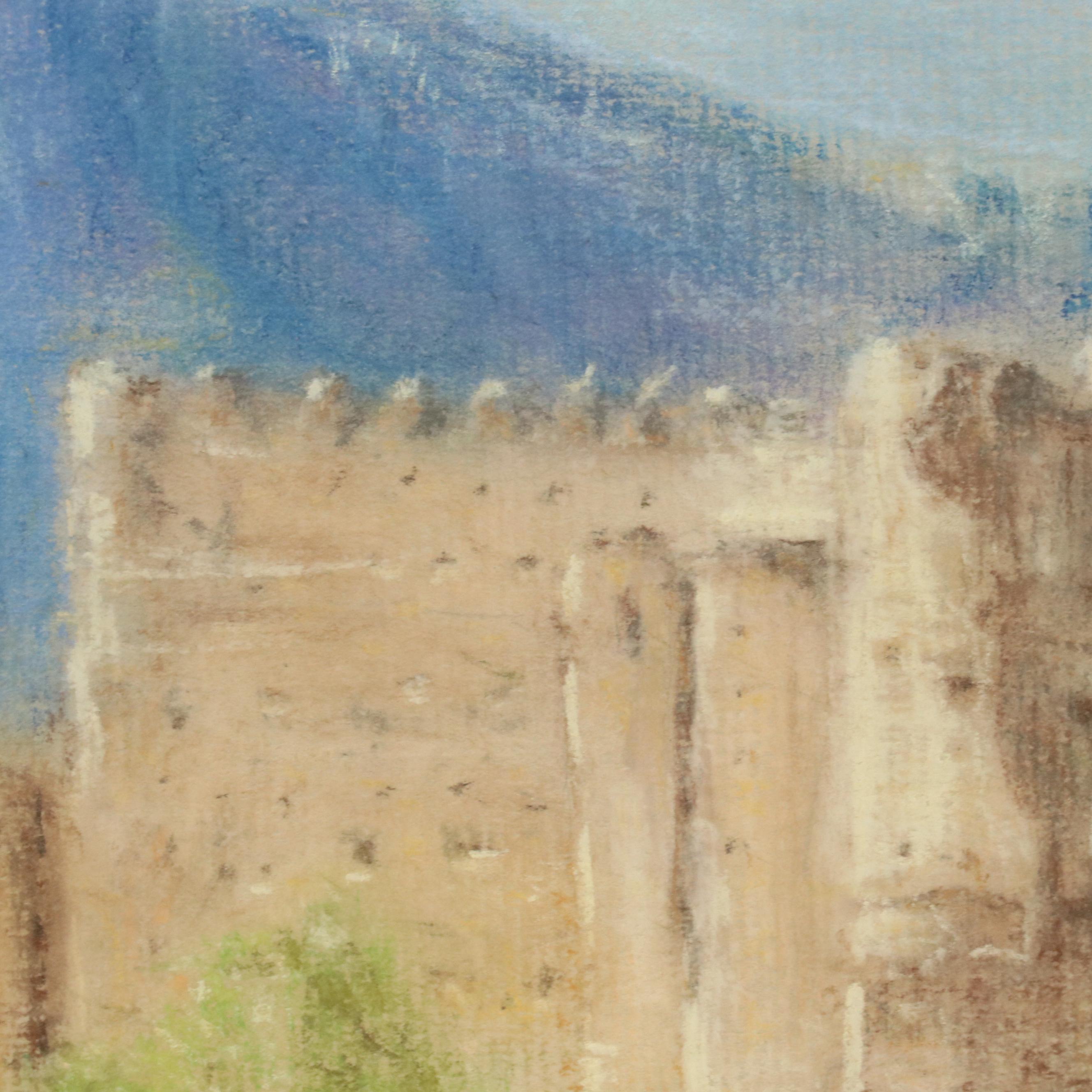 Landscape Pastel Drawing of Oasis and Mountain Backdrop "Dubai," 1989