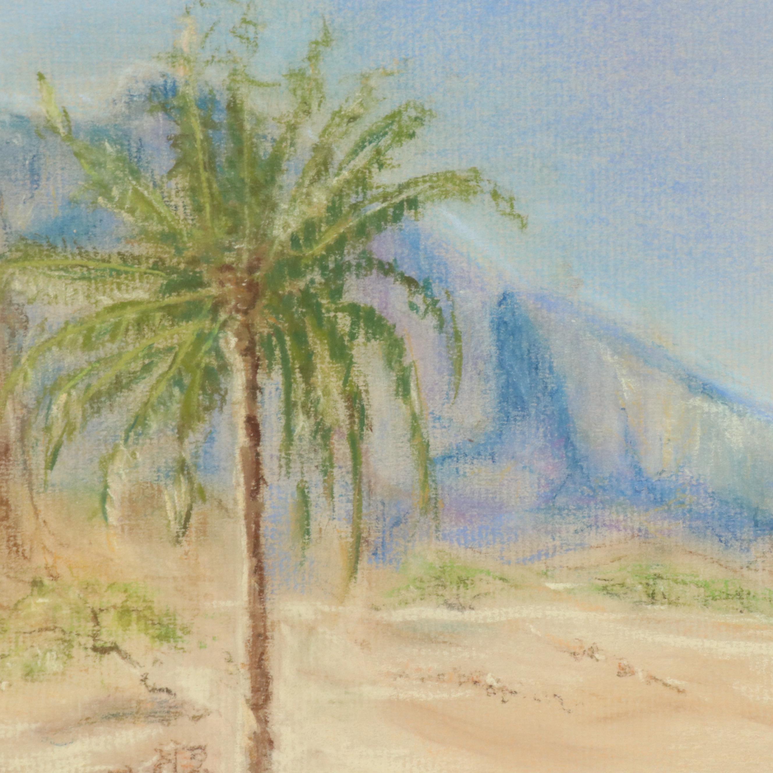 Landscape Pastel Drawing of Oasis and Mountain Backdrop "Dubai," 1989
