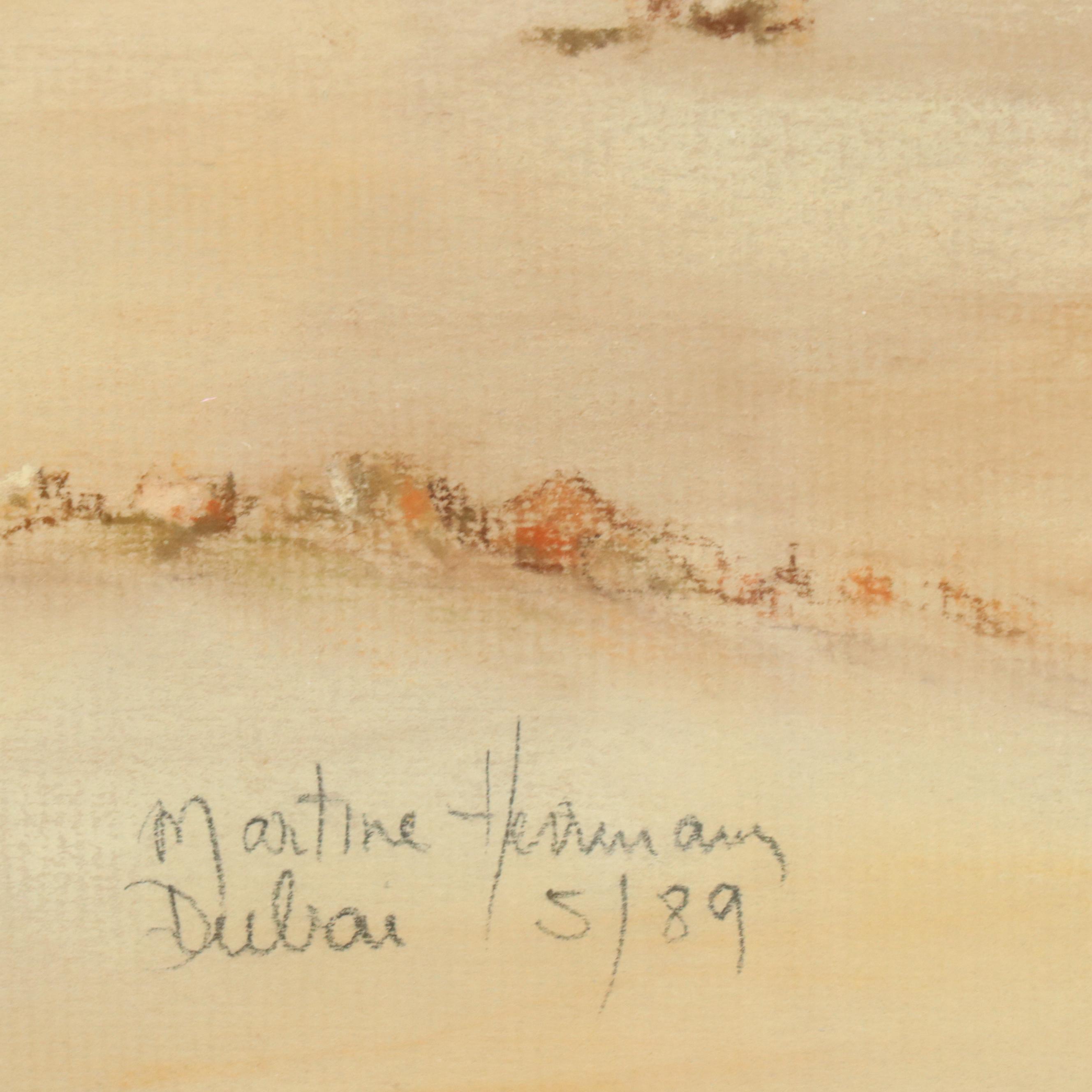 Landscape Pastel Drawing of Oasis and Mountain Backdrop "Dubai," 1989