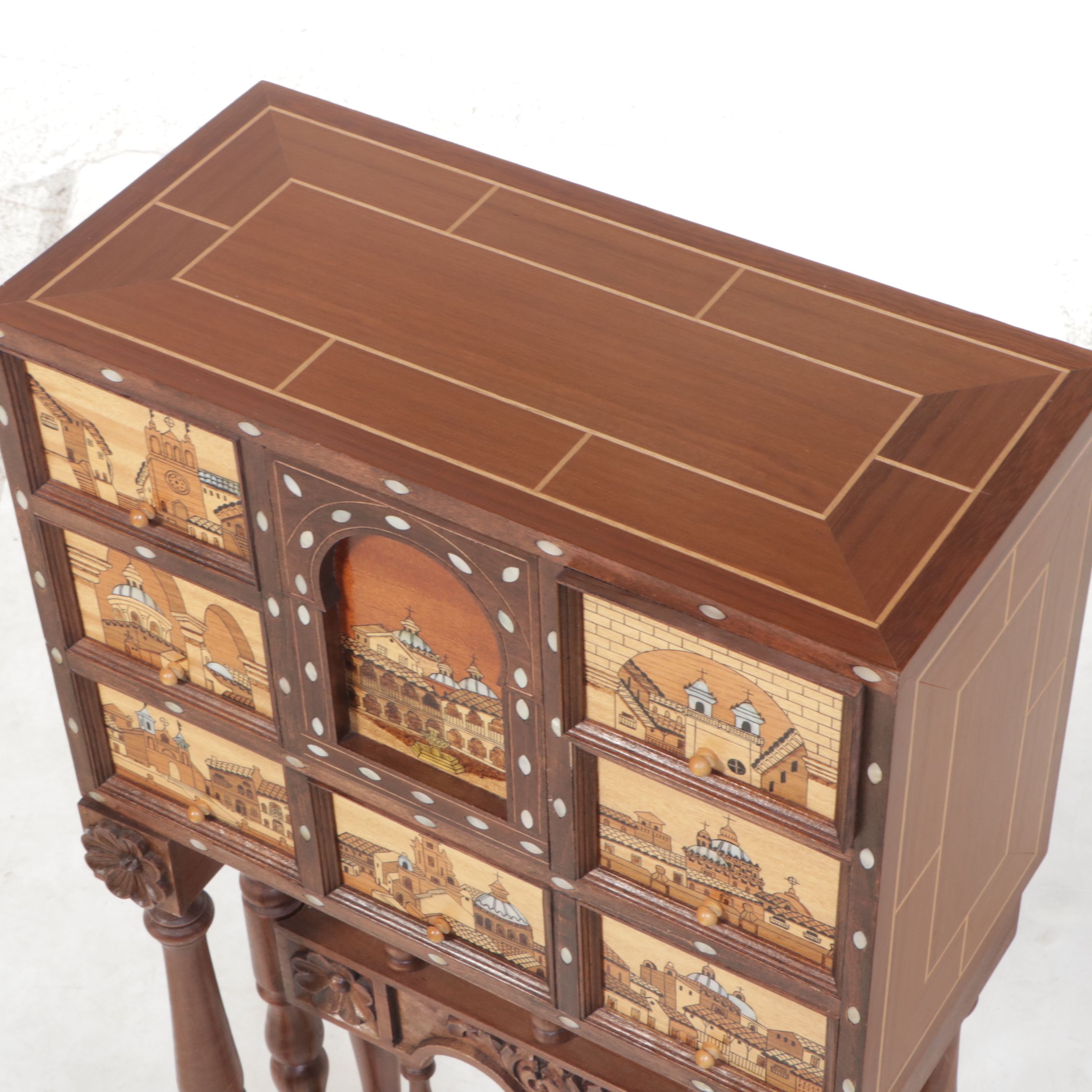 Mahogany & MOP Vargueno Travel Cabinet with Painted Mudéjar Scenes, Ornate Stand