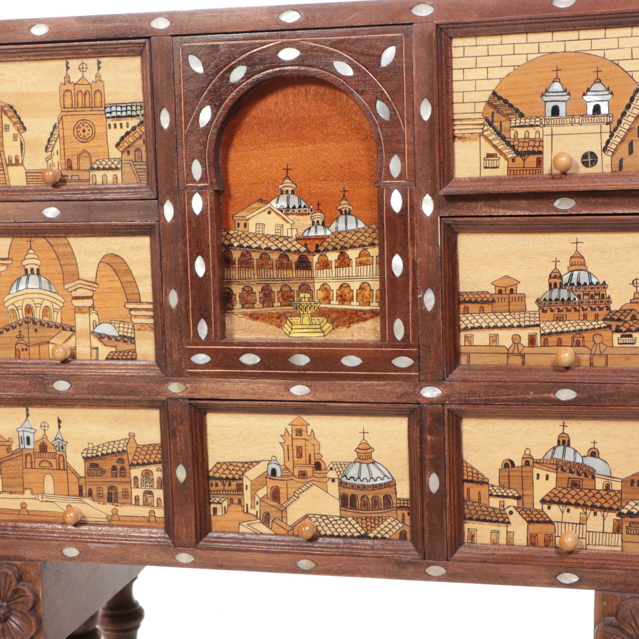 Mahogany & MOP Vargueno Travel Cabinet with Painted Mudéjar Scenes, Ornate Stand