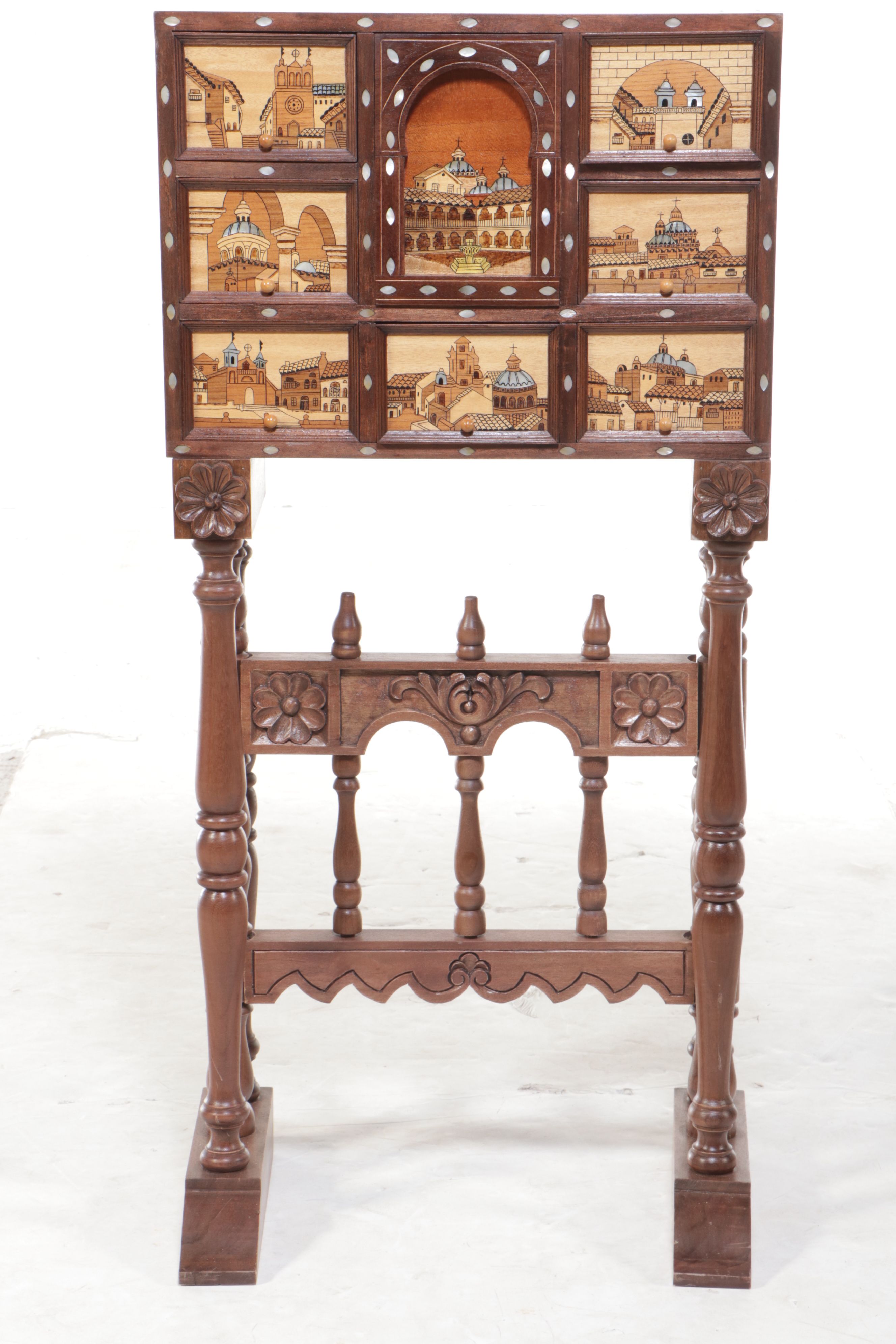 Mahogany & MOP Vargueno Travel Cabinet with Painted Mudéjar Scenes, Ornate Stand