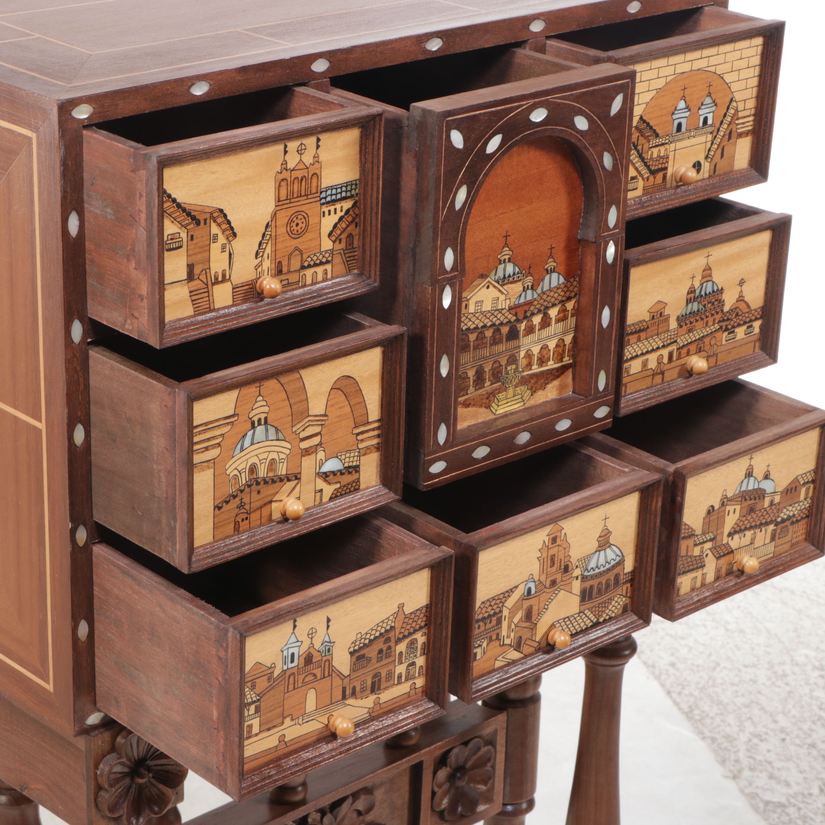 Mahogany & MOP Vargueno Travel Cabinet with Painted Mudéjar Scenes, Ornate Stand