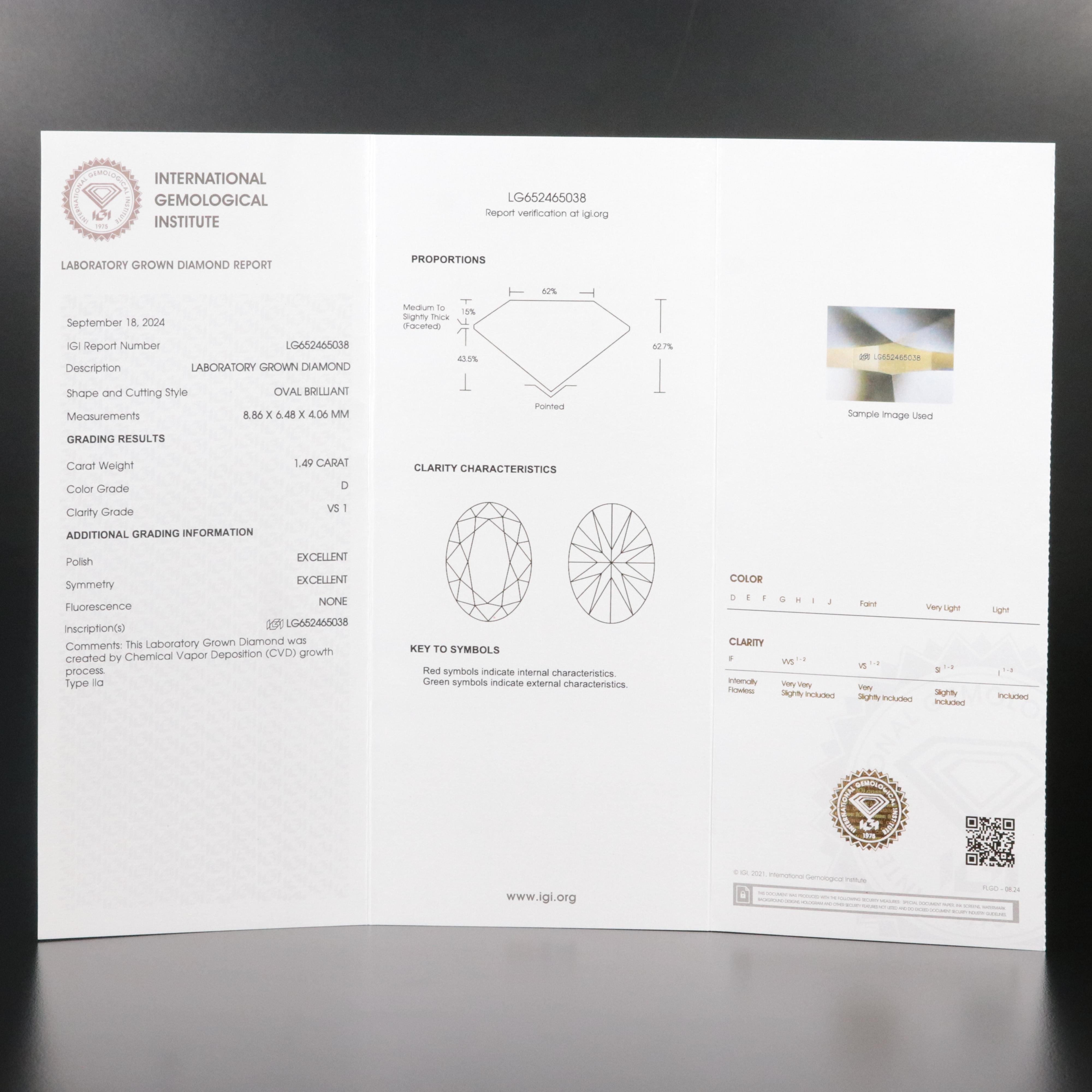 Loose 1.49 CT Lab Grown Diamond with IGI Report
