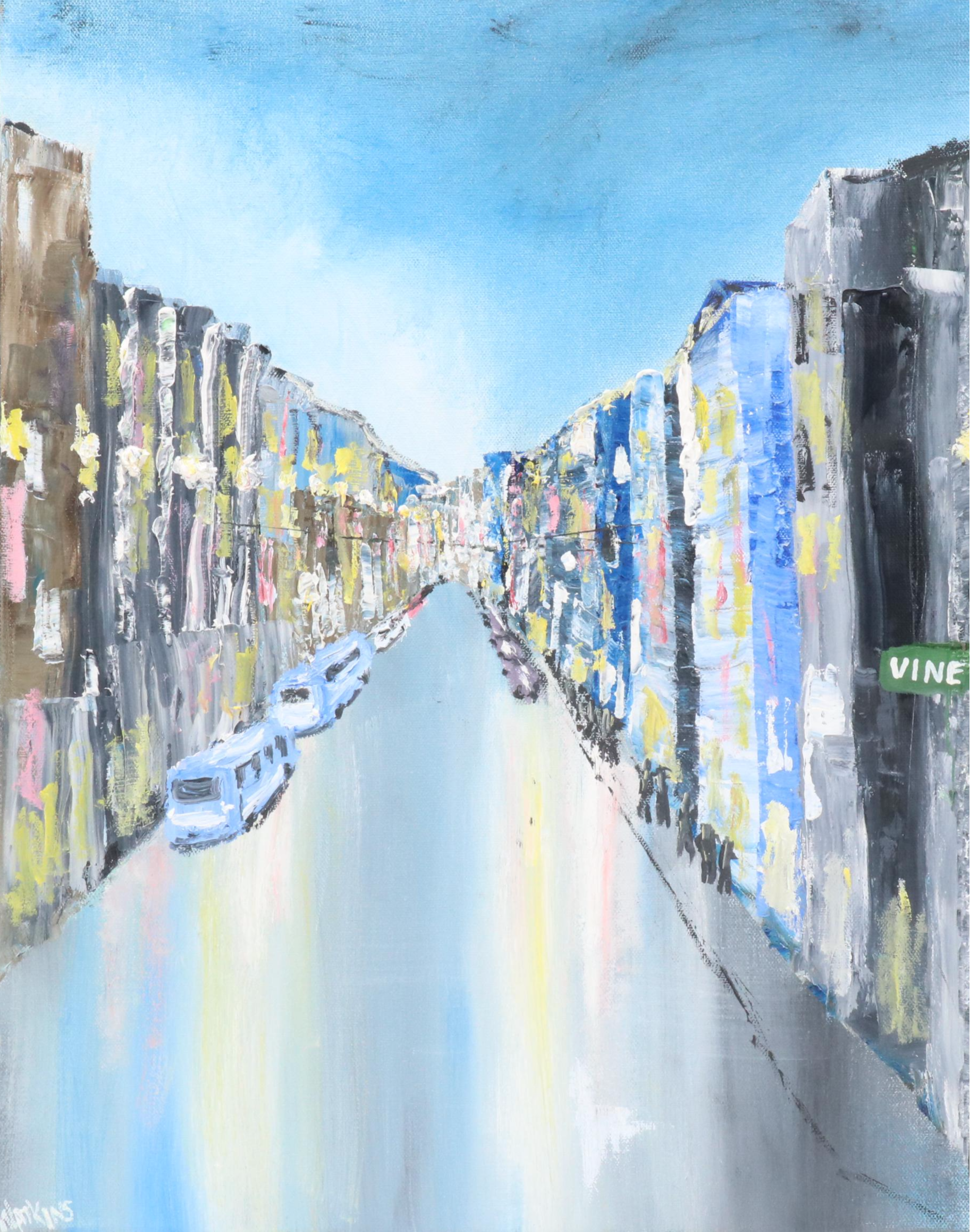 Joseph Watkins Stylized Cityscape Oil Painting "Old Over the Rhine"