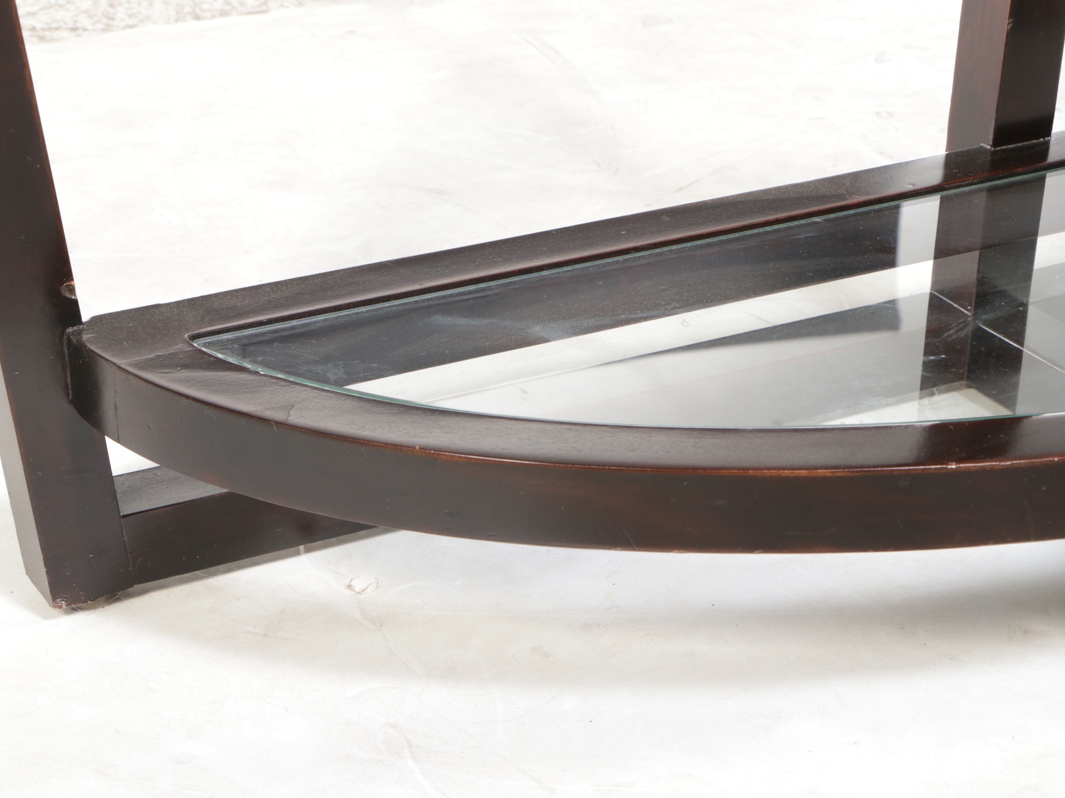 Bernhardt (Attr) Modernist Hardwood & Glass Two-Tier Demilune Console Table