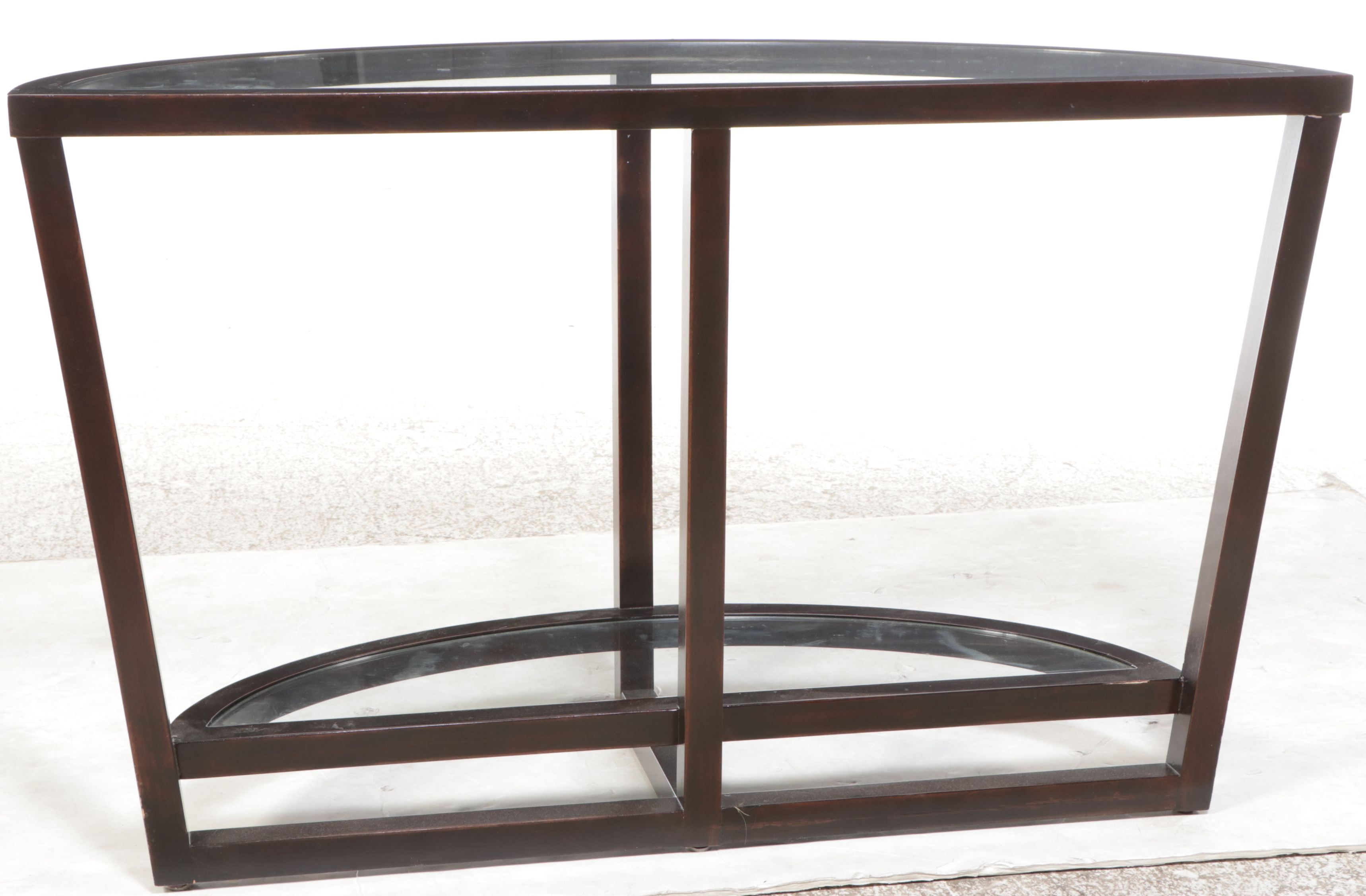 Bernhardt (Attr) Modernist Hardwood & Glass Two-Tier Demilune Console Table