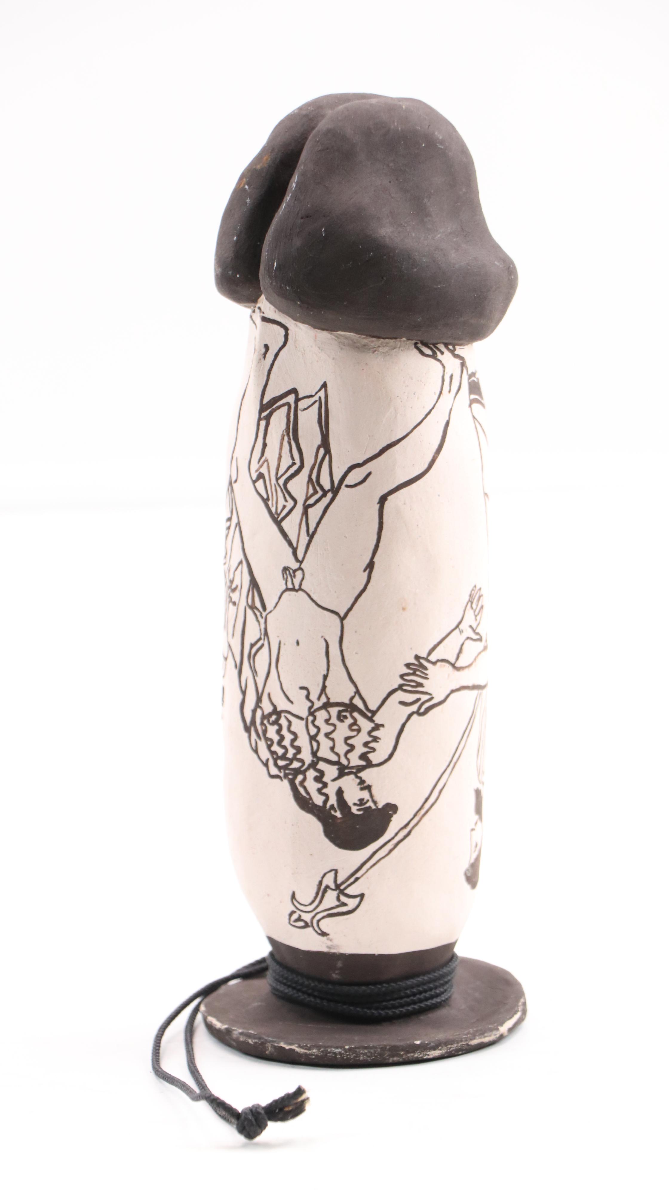 Greek Style Hand-Painted Black on White Ceramic Phallic Forms