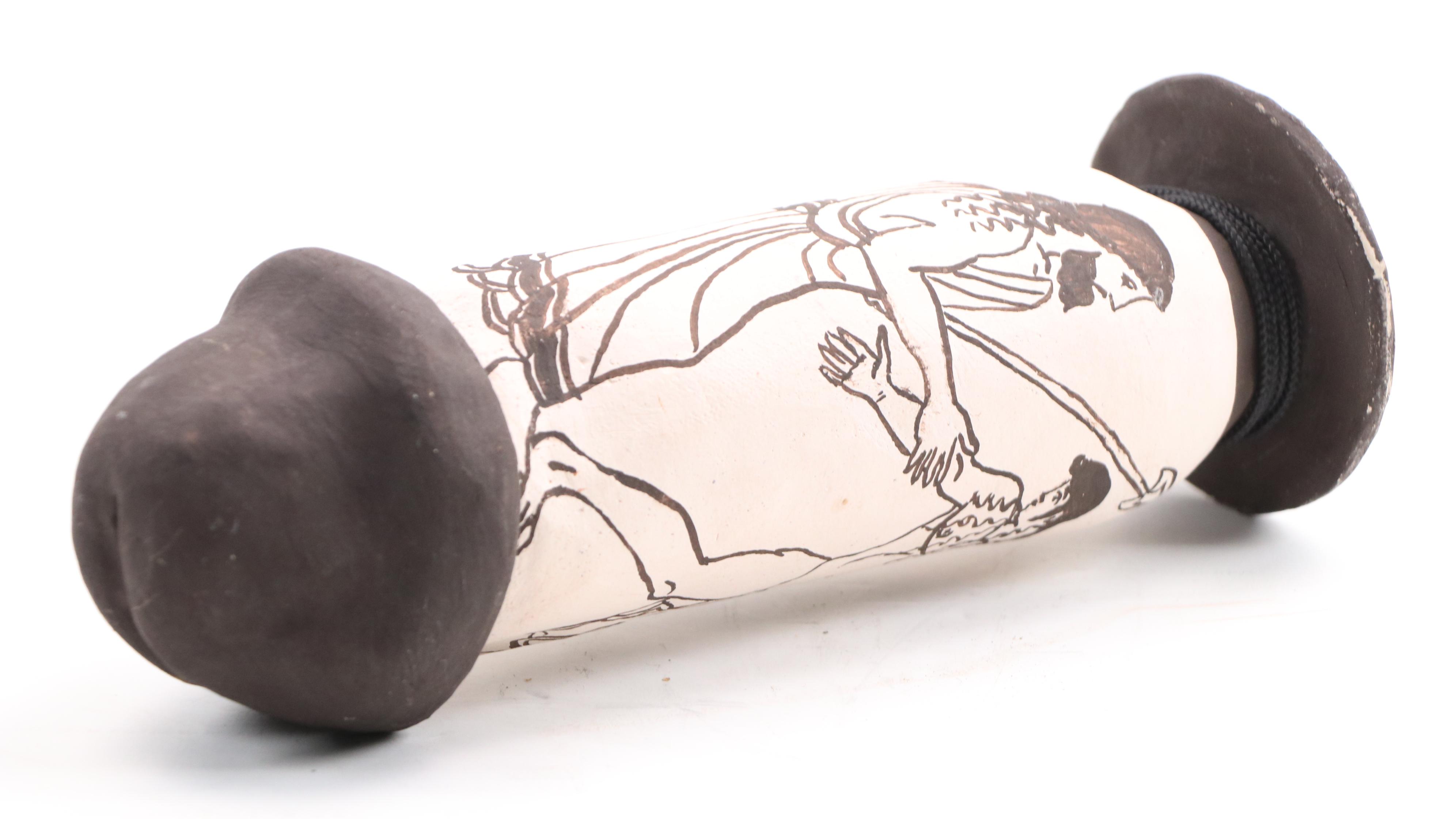 Greek Style Hand-Painted Black on White Ceramic Phallic Forms