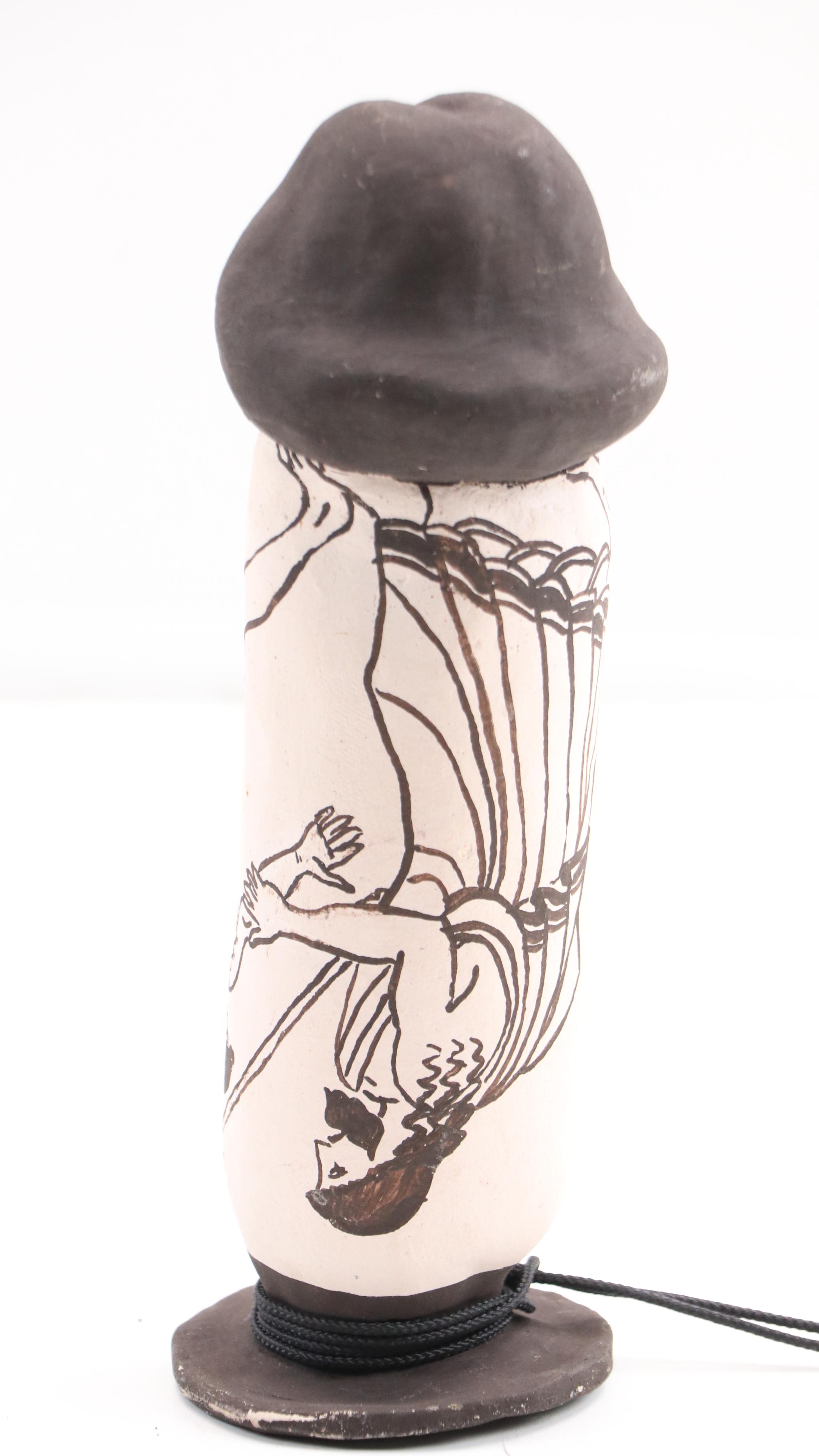 Greek Style Hand-Painted Black on White Ceramic Phallic Forms