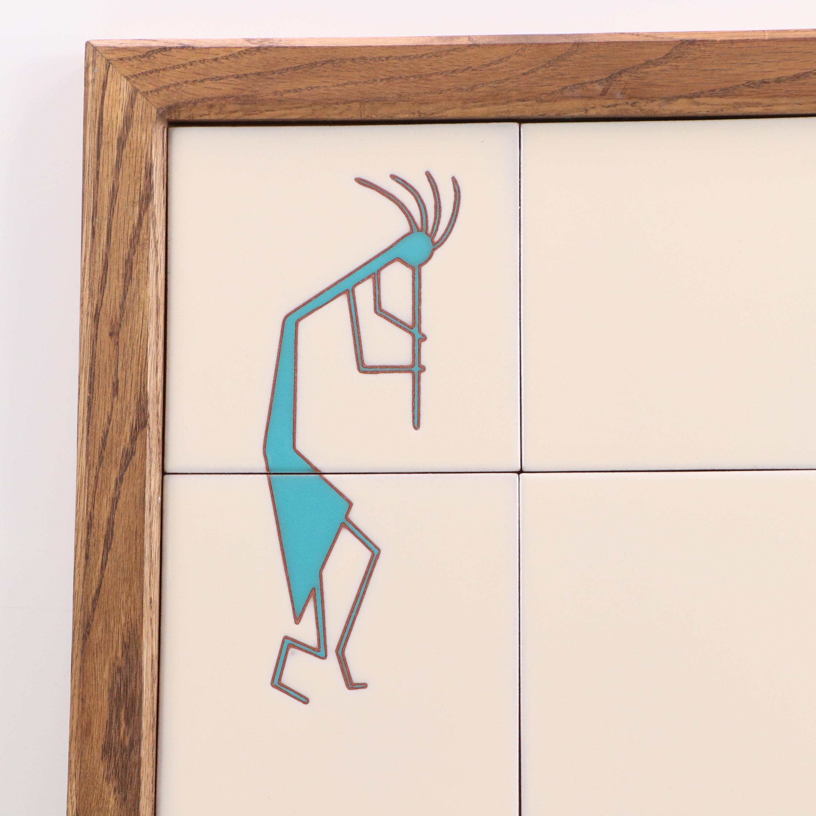 Sam English Teissedre Tiles with Kokopelli Above Figures in a Landscape, 1950