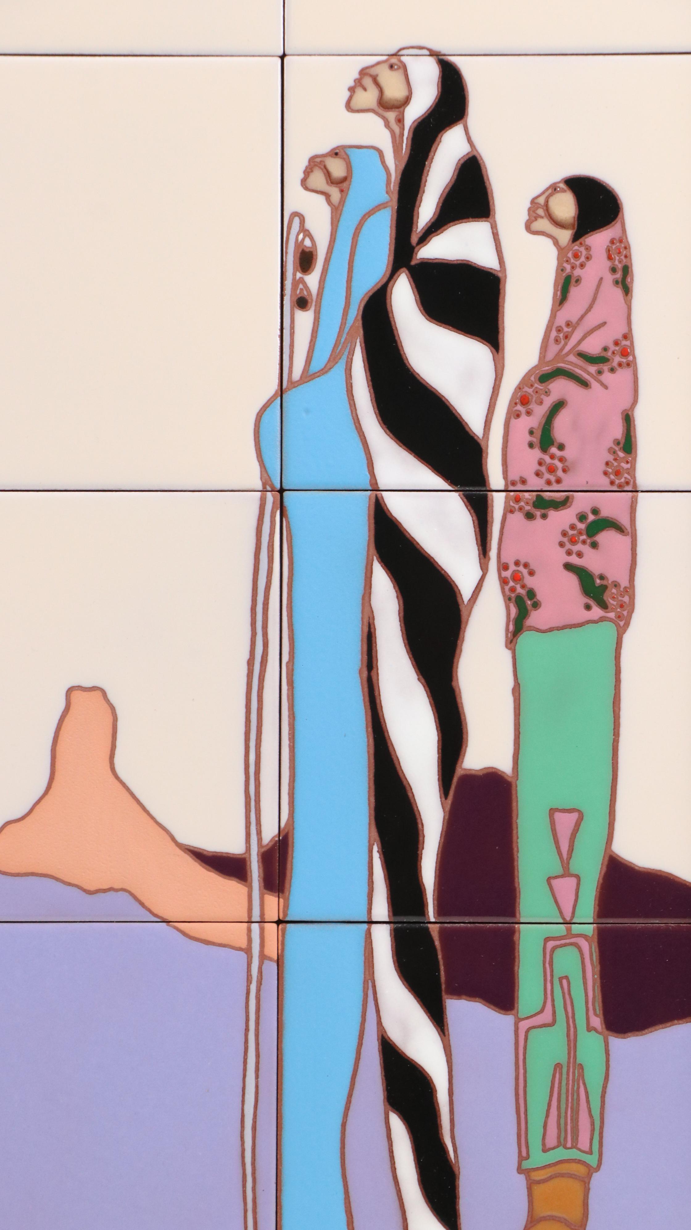 Sam English Teissedre Tiles with Kokopelli Above Figures in a Landscape, 1950