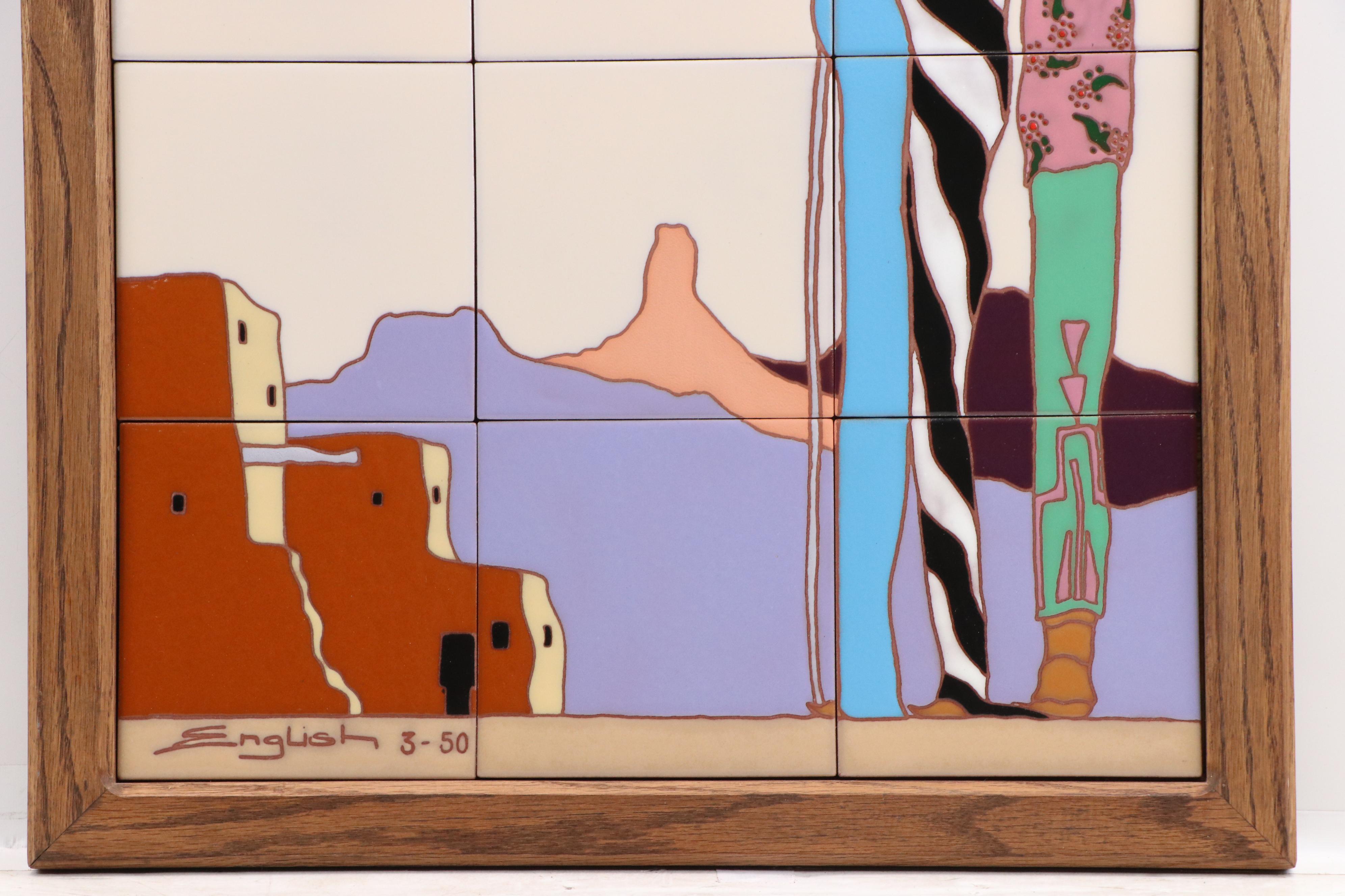 Sam English Teissedre Tiles with Kokopelli Above Figures in a Landscape, 1950