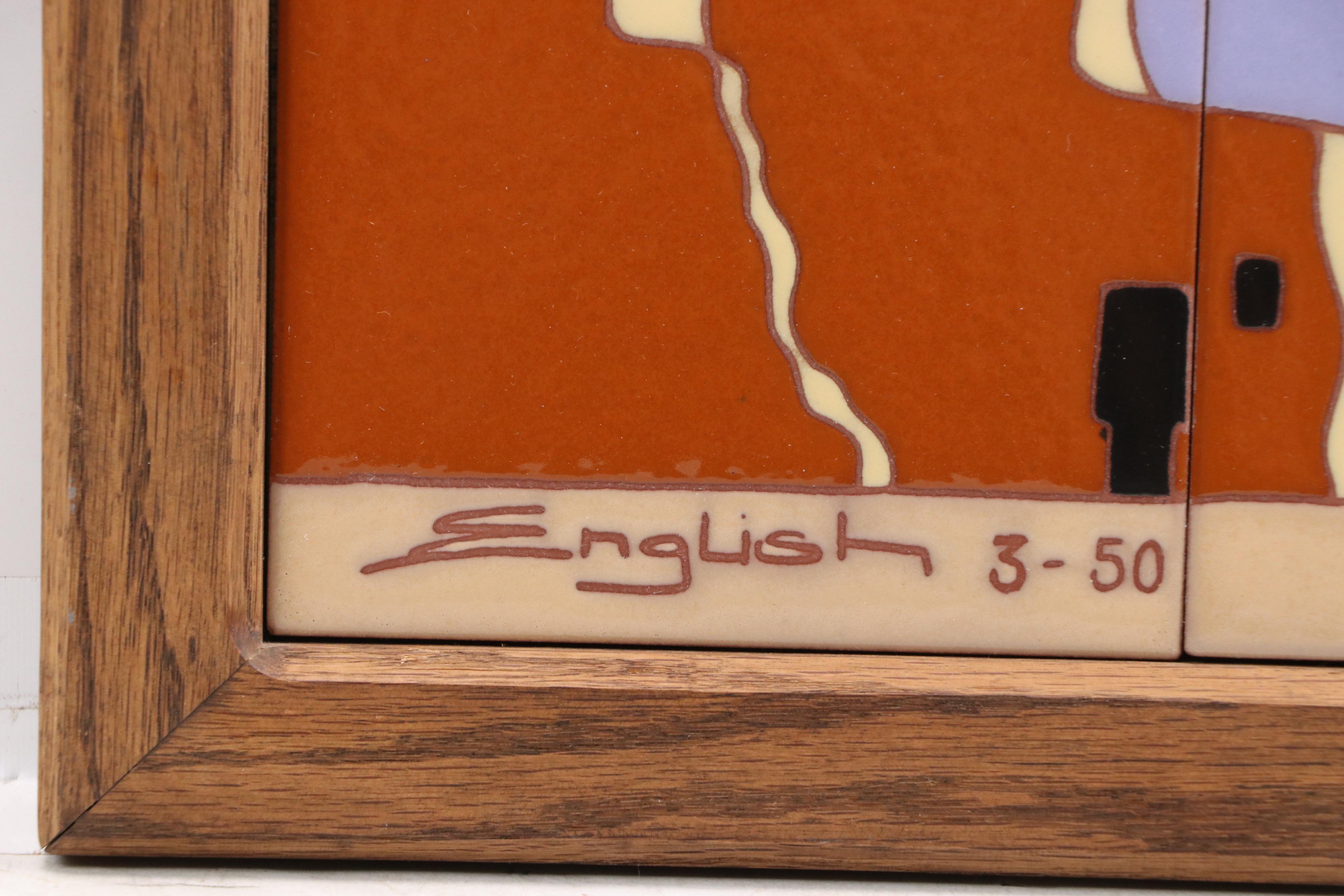 Sam English Teissedre Tiles with Kokopelli Above Figures in a Landscape, 1950