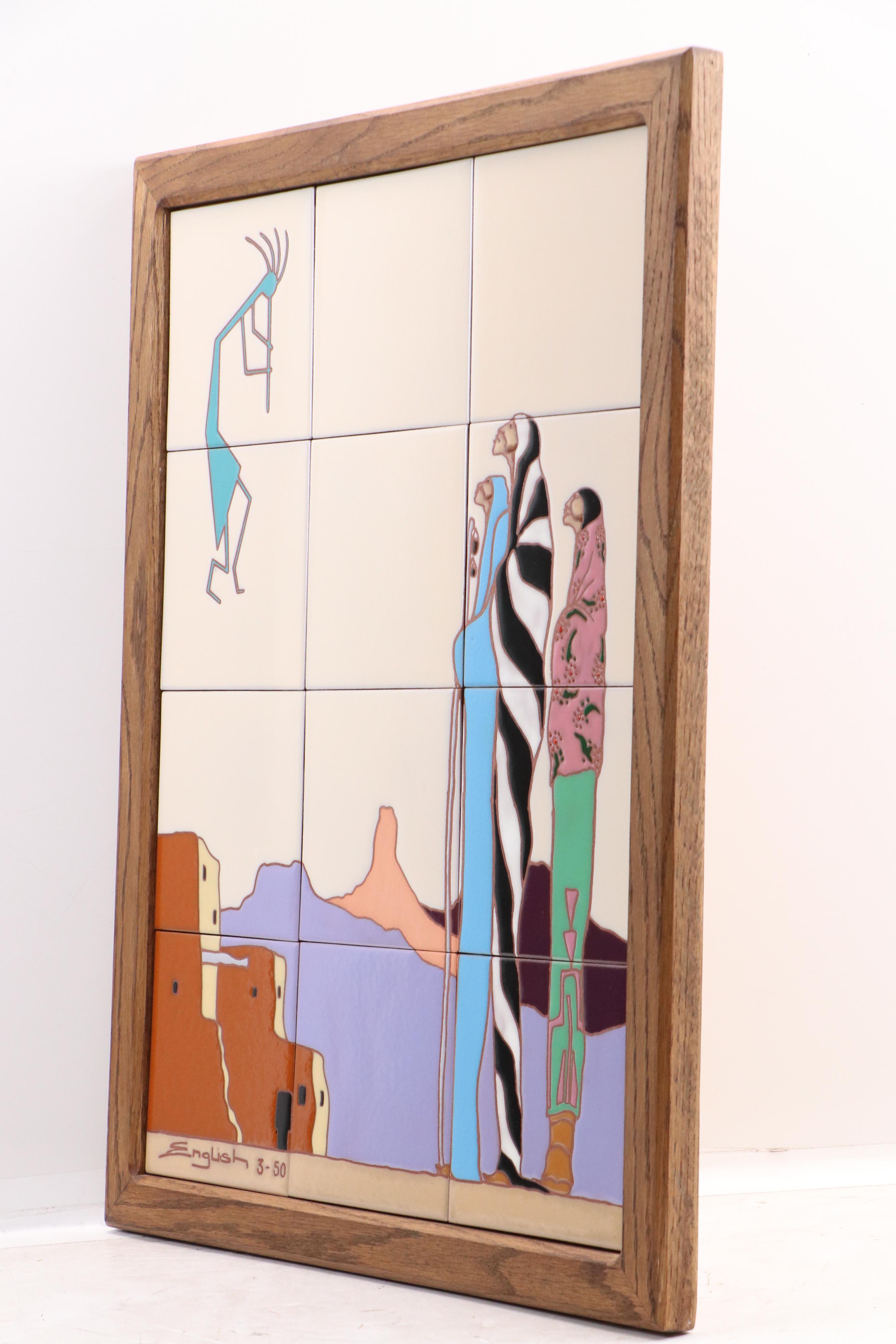 Sam English Teissedre Tiles with Kokopelli Above Figures in a Landscape, 1950